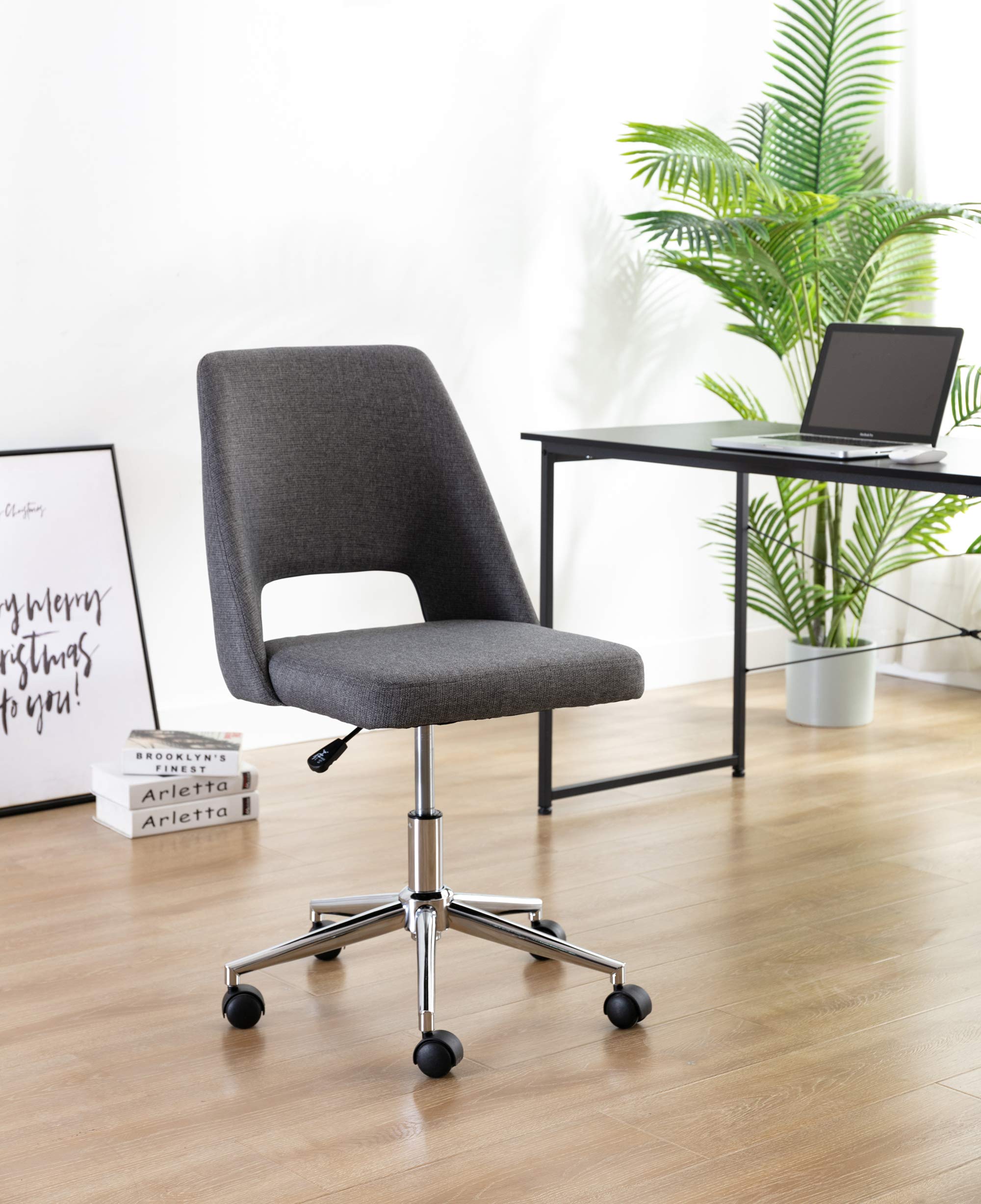 Porthos Home Kimora Modern Office Chair - Breathable Linen Upholstery, Cutout Back Design, Adjustable Height & Smooth-Rolling Casters | Perfect for Small Offices, Home Studios & Workspaces (Armless Ergonomic Desk Chair)