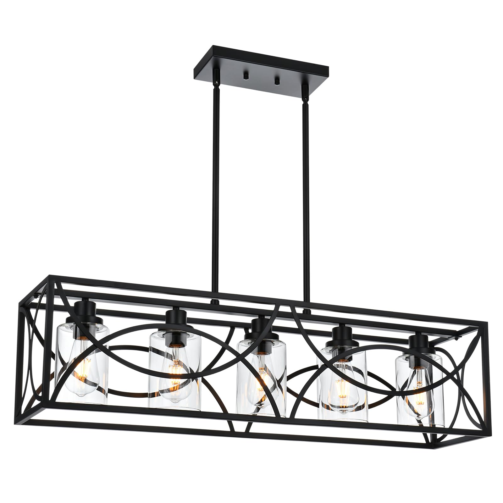 Farmhouse Black Kitchen Island Lighting - 5-Light Rectangular Chandelier with Clear Glass Shades, Linear Pendant Light Fixture for Dining Room, Pool Table, Living Room - Perfect for Rustic Home Decor & Modern Farmhouse Interiors