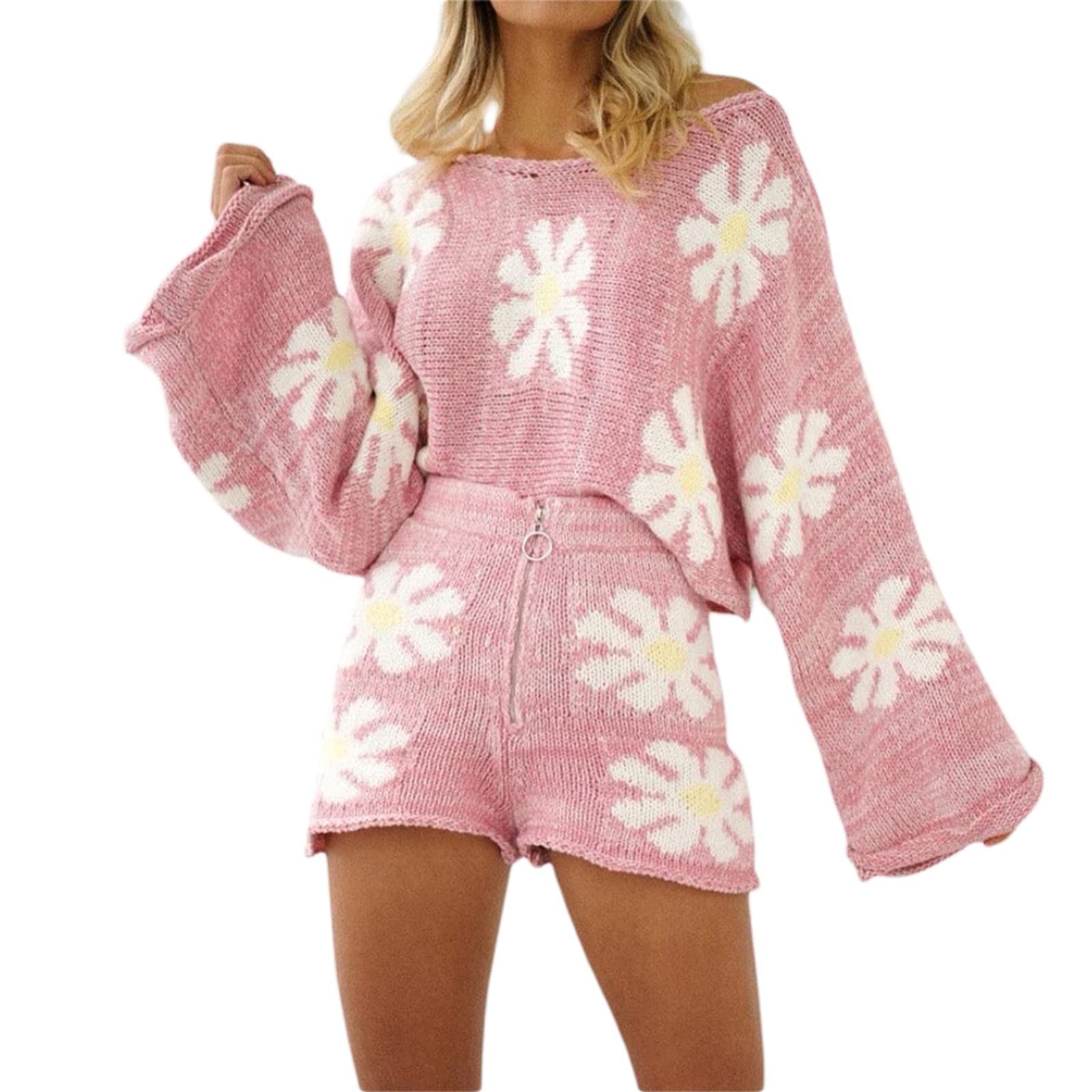 HEZIOWYUN Women's 2-Piece Sweater Set - Off Shoulder Floral Knit Pullover Top & Zipper Knitted Shorts Suit for Spring Outfits | Casual Date Night & Weekend Wear