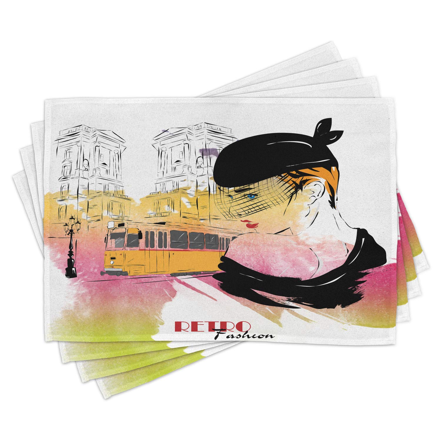 Ambesonne Vintage Lady with Hat Sketch Place Mats Set of 4 - Retro Tramway Art Washable Fabric Dining Table Decor in Orange, Black & Pink - Perfect for Kitchen, Dining Room & Romantic Dinner Settings