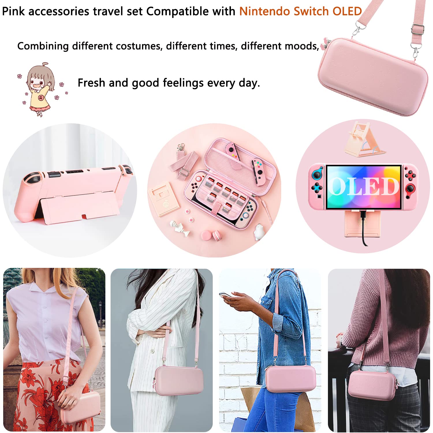 OLDZHU 10-in-1 Pink Travel Case Kit for Nintendo Switch OLED - Includes Protective Hard Shell, Screen Protector, Adjustable Stand & 4 Grip Covers | Portable Gaming Accessories for Commuting, Travel & Home Use