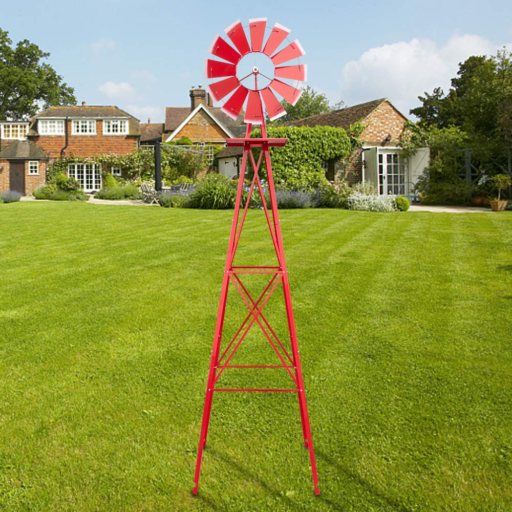 8FT Red Heavy Duty Metal Windmill - Weather Resistant Outdoor Garden Decor for Lawn, Yard & Patio - Beautifully Designed Windmill Ornament for Home Landscaping & Farmhouse Style Decoration
