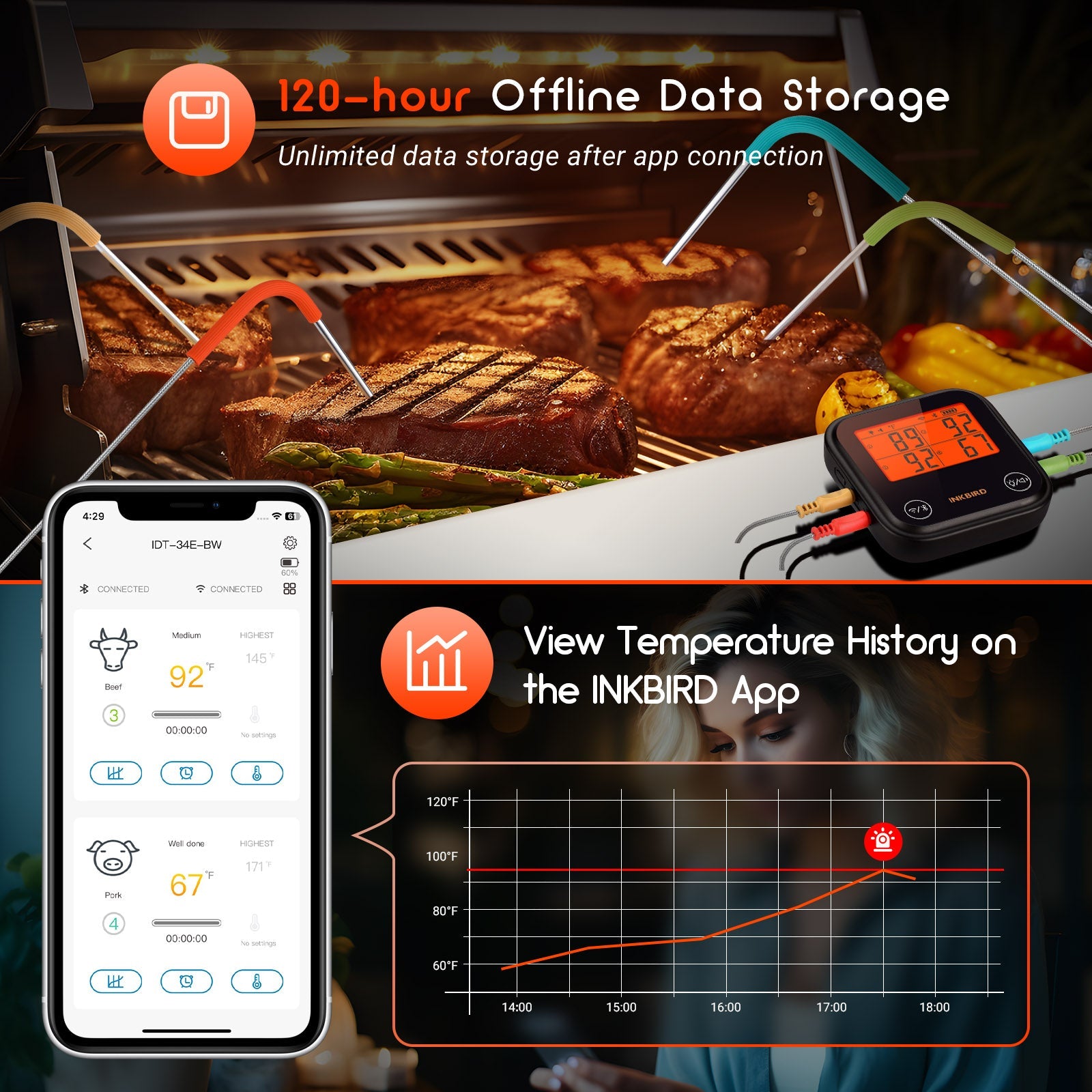 Wireless WiFi & Bluetooth Smart Meat Thermometer for Grilling, Smoking, BBQ - IDT 34E BW | Perfect for Outdoor Cooking, Backyard Parties & Home Kitchen Use