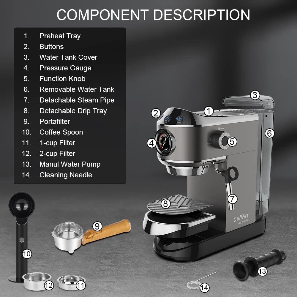 Biolomix 20 Bar Espresso Coffee Maker Machine with Milk Frother Wand - Professional Espresso, Cappuccino, Latte & Mocha Maker (CM7008) - Includes Coffee Tamper & Tamping Mat - Perfect for Home Baristas & Coffee Lovers