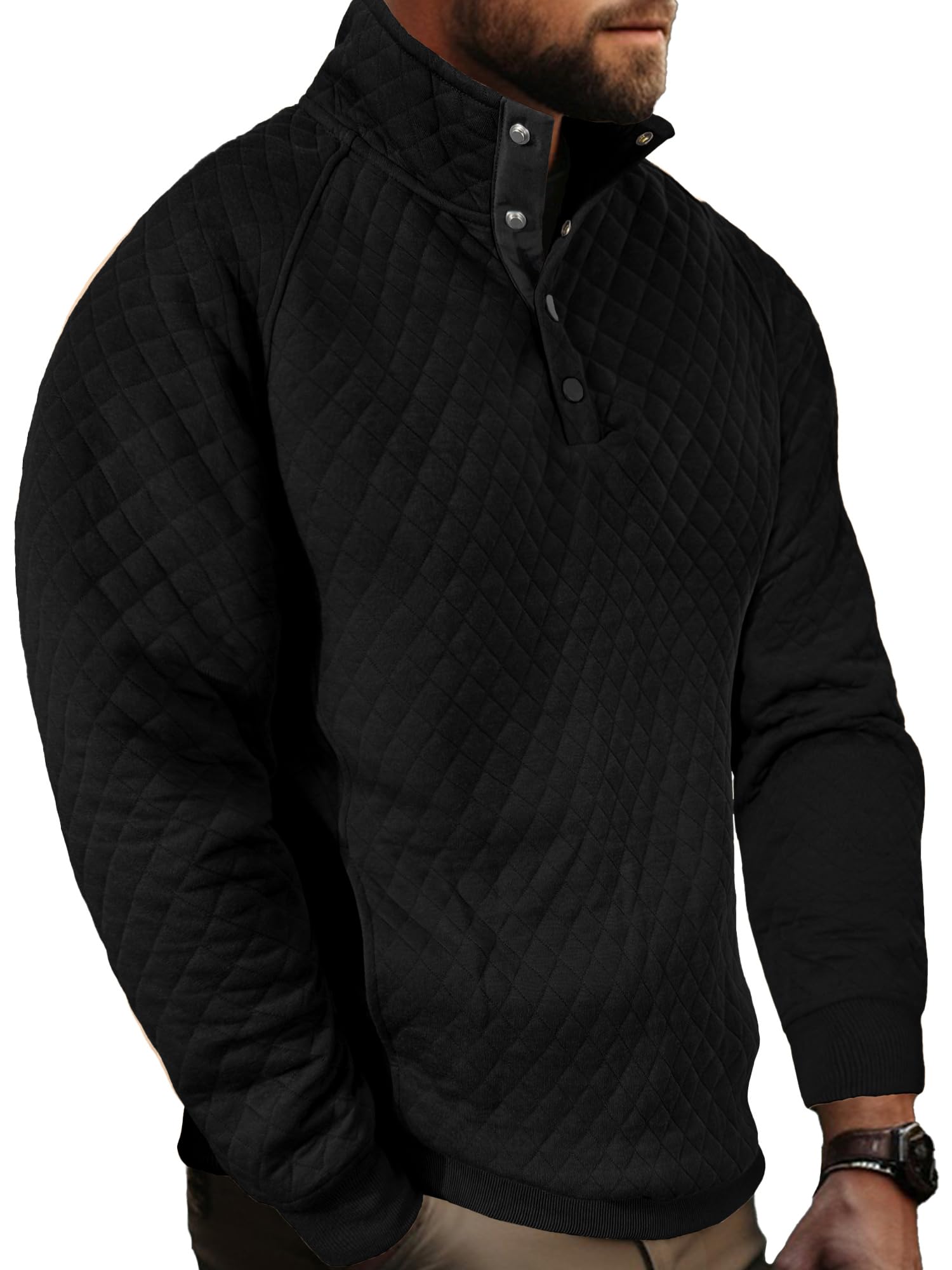 Comdecevis Men's Quilted Pullover Sweatshirt - Long Sleeve Mock Neck Waffle Knit Polo Shirt with Pockets | Casual Winter Wear for Outdoor Activities & Daily Comfort