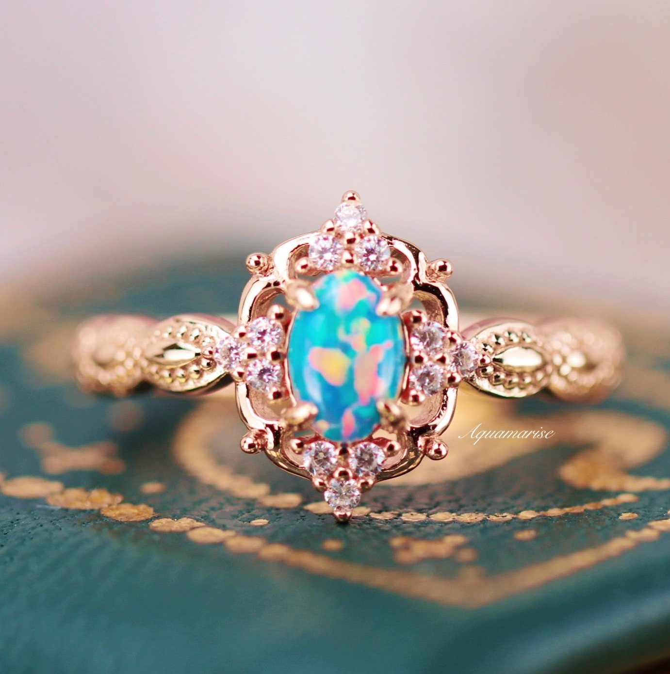 Vintage Blue Fire Opal Engagement Ring 14K Solid Rose Gold - Elegant Wedding Jewelry for Brides, Anniversary Gifts & Special Occasions