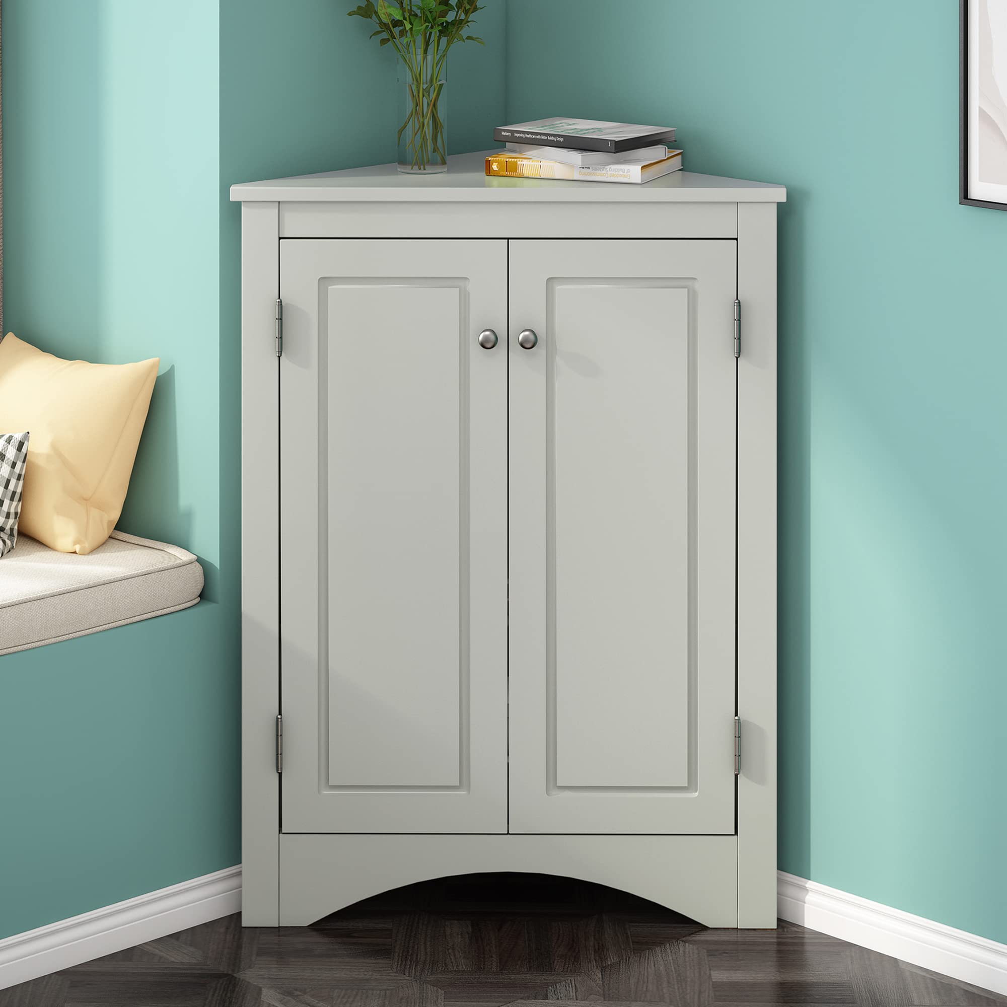 Merax Corner Storage Cabinet - Wood Bathroom Cabinet with 2 Doors & Open Shelves, Easy to Assemble Floor Cabinet for Bathroom, Bedroom, or Living Room Organization