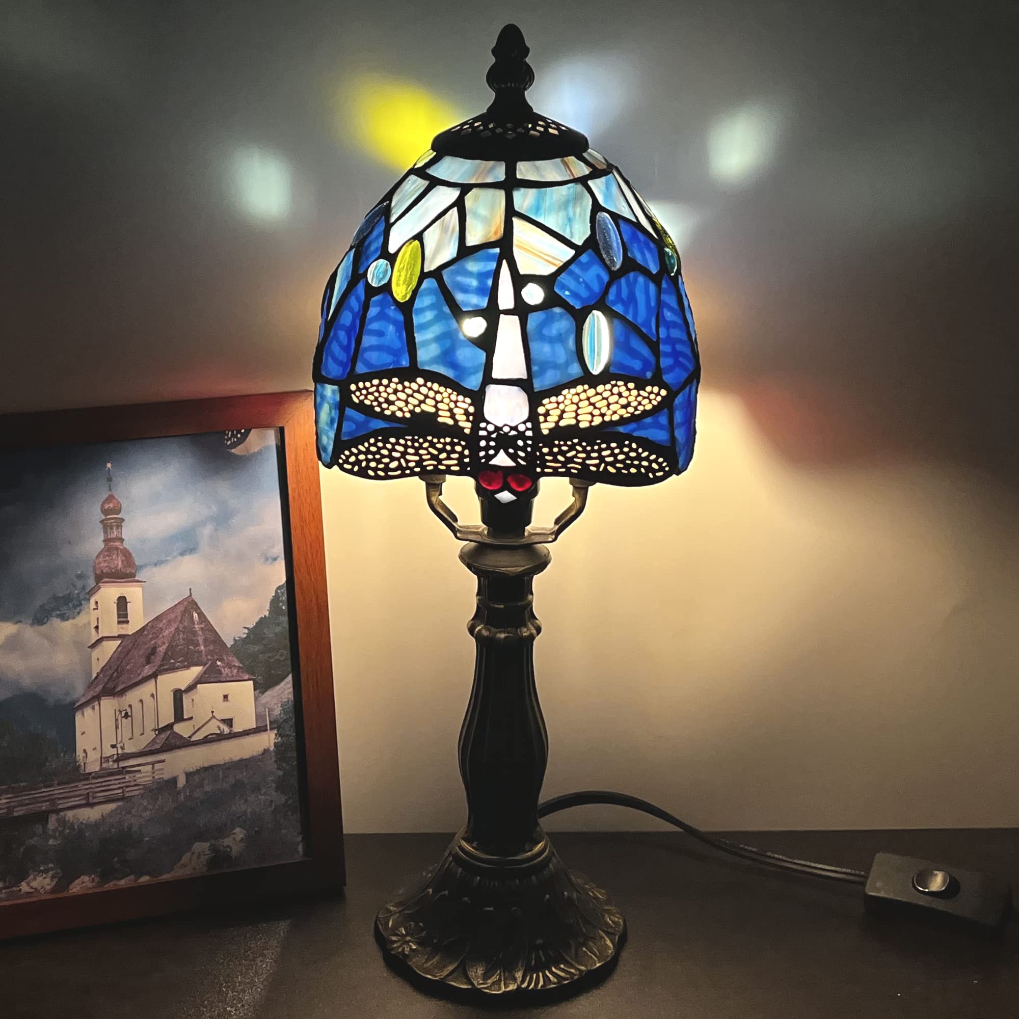Tiffany Style Stained Glass Table Lamp - Navy Blue Dragonfly Design, 14