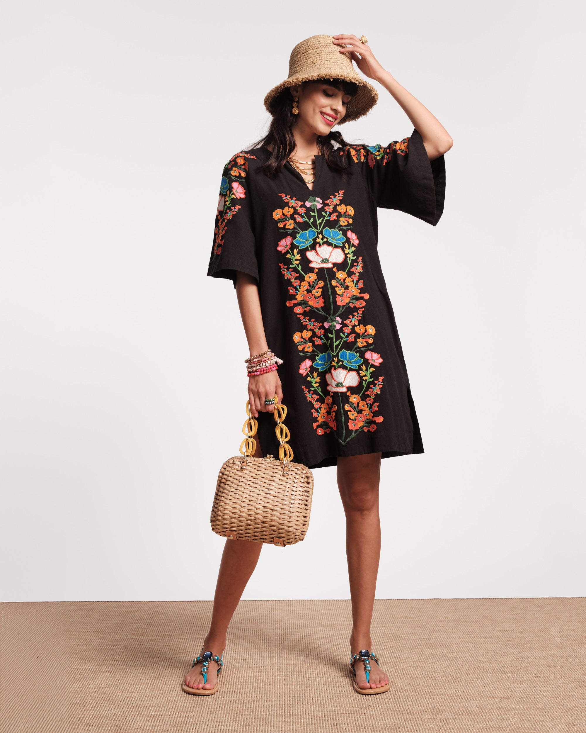 Stylish Black Botanical Print Caftan Mini Dress for Women - Perfect for Beach Vacations, Summer Parties & Boho Fashion