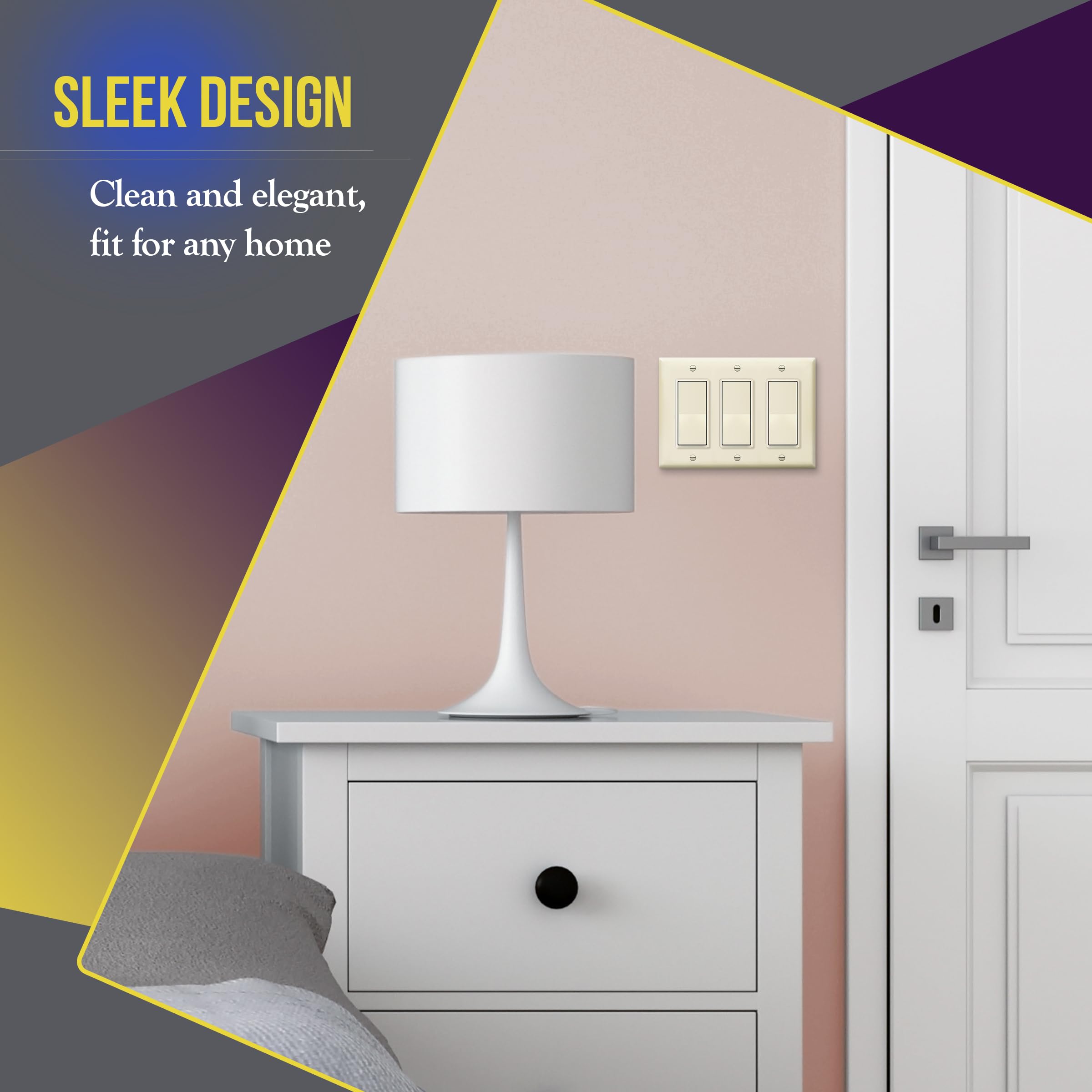 ENERLITES 3-Gang Decorator Light Switch Wall Plate, Gloss Finish Light Almond, 4.50