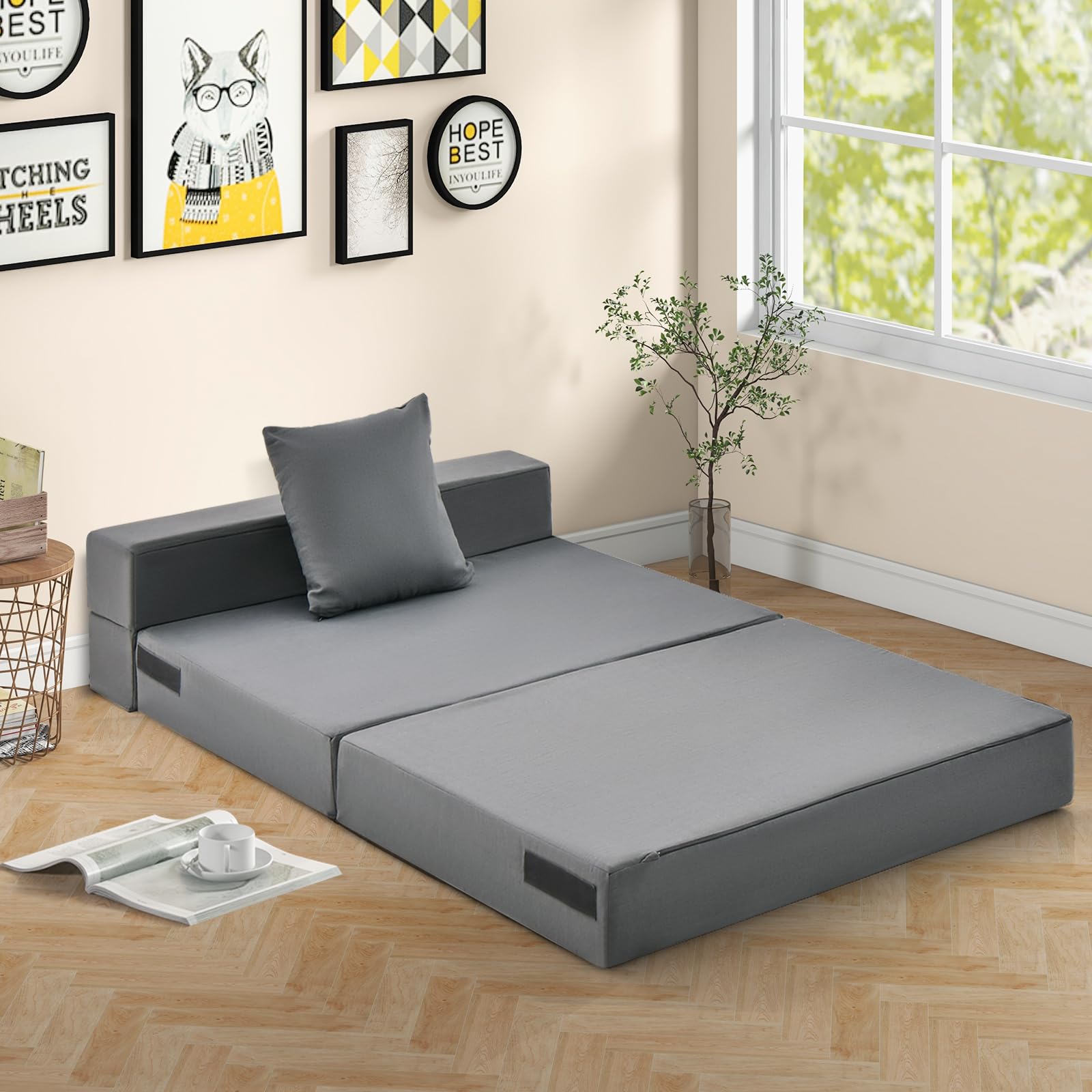 Giantex 6 Inch Tri-Fold Folding Sofa Bed with High-Density Foam Mattress & Removable Washable Cover - Portable Floor Couch with Pillow & Headrest for Guest Room, Small Space, Dorm, Apartment - Dark Grey