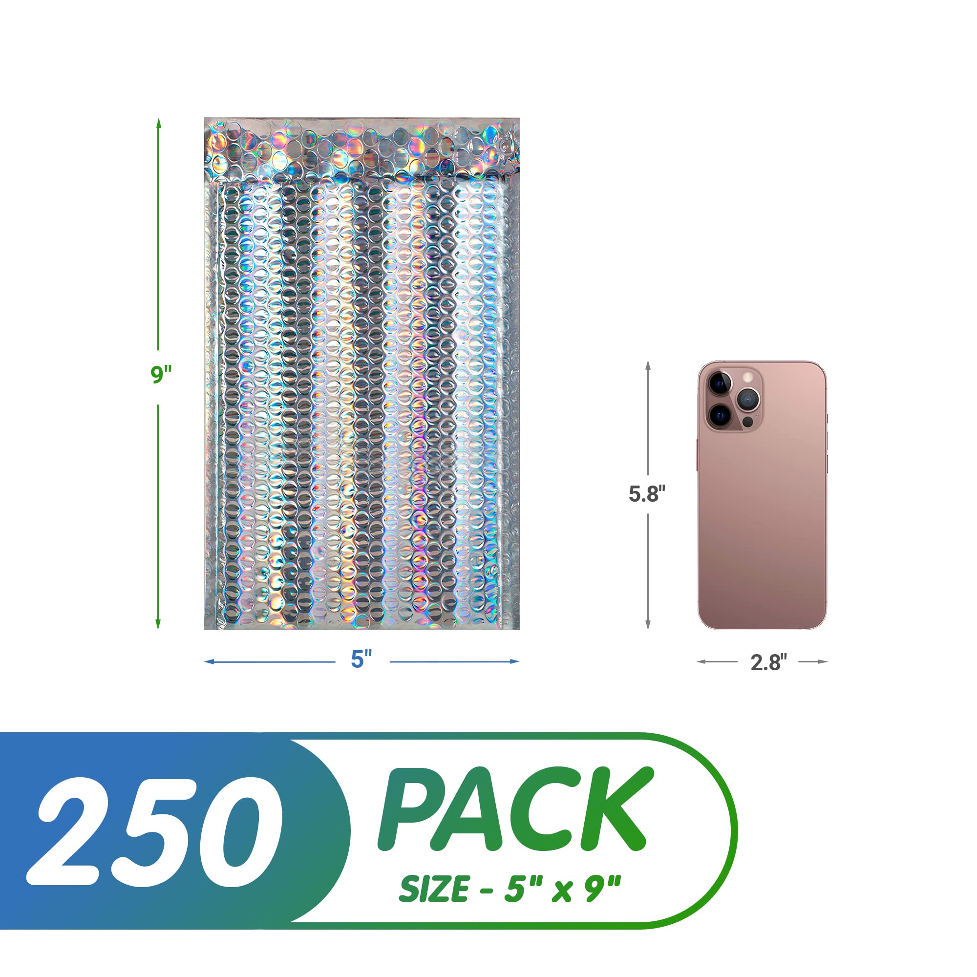 250 Pack 5x9 Inch Metallic Holographic Bubble Mailers with Sturdy Adhesive Seal - Waterproof Foil Bubble Envelopes for Ecommerce Shipping, Small Business Packaging & Online Store Orders