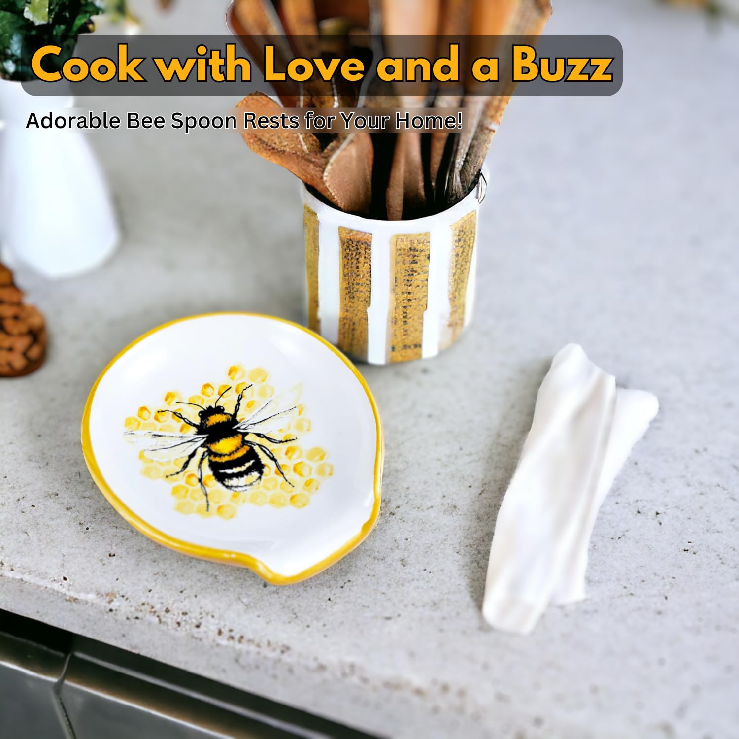 Honey Bee Spoon Rest - Large Ceramic Kitchen Utensil Holder, Bumblebee Decor for Countertop - Yellow Honeycomb Hive Themed Gift for Home & Kitchen Decor | Perfect for Tea Parties, Farmhouse Kitchens, and Bee Lover Gifts