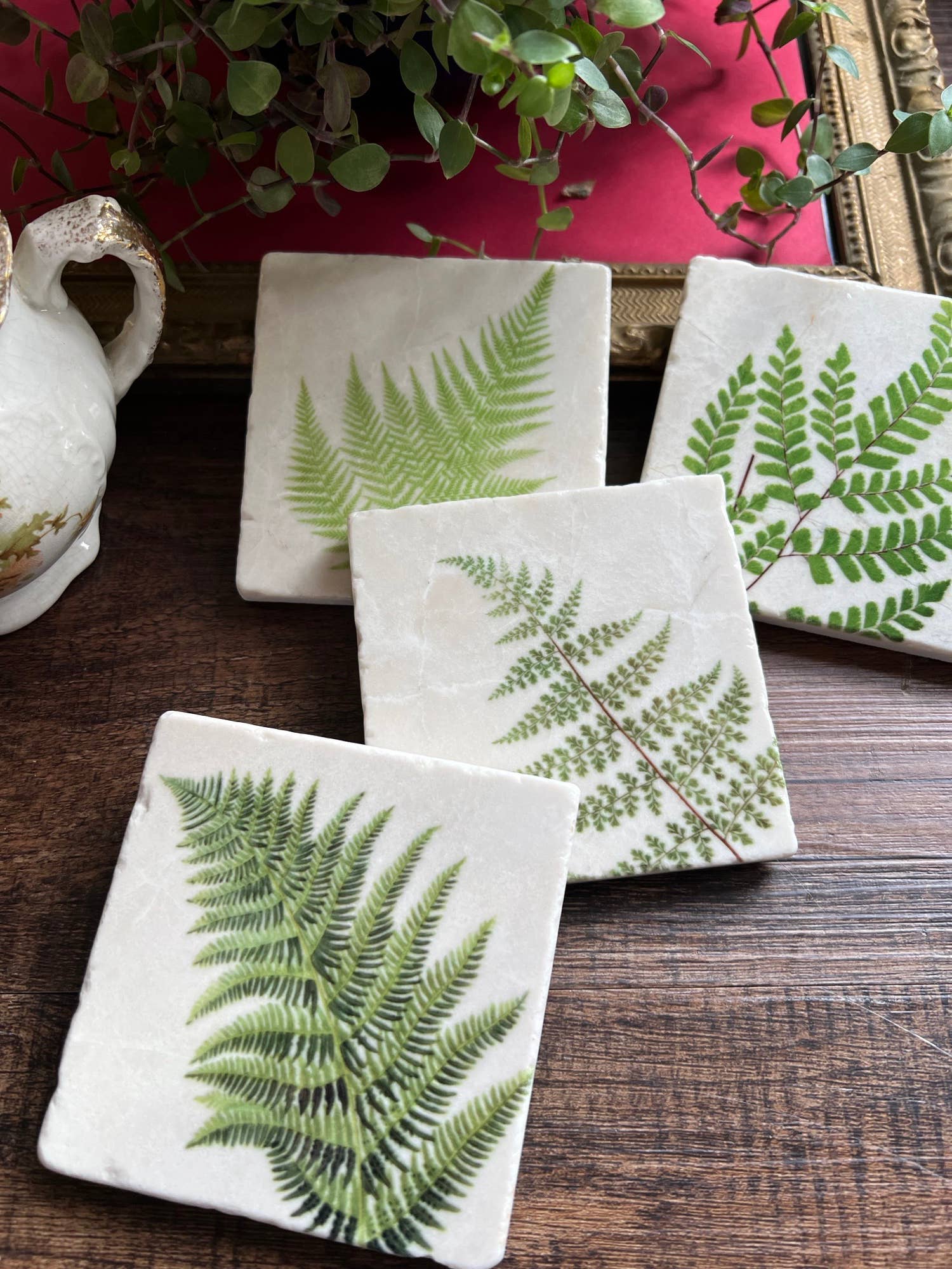 Natural Ferns Stone Coasters Set of 4 - Elegant & Durable Drink Coasters for Home, Office, or Outdoor Use - Perfect for Coffee Tables, Bars, and Patios