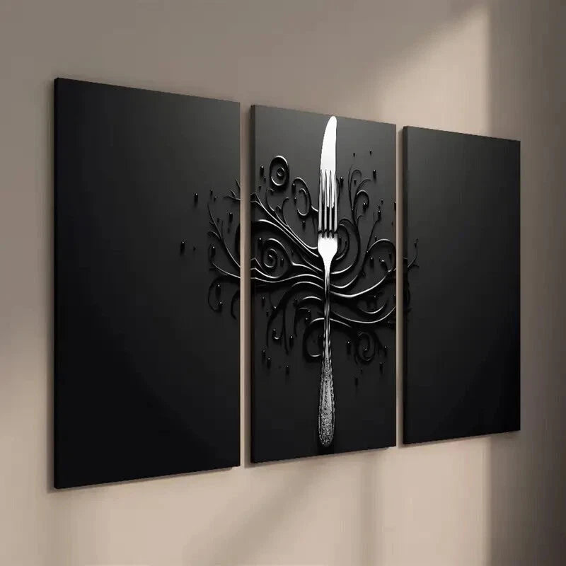 3-Piece Abstract Cutlery Design Wall Art Set - Framed Canvas 40x60cm | High Quality Print | 100% Australian Made | Ready to Hang | Perfect for Kitchen, Dining Room & Modern Home Decor