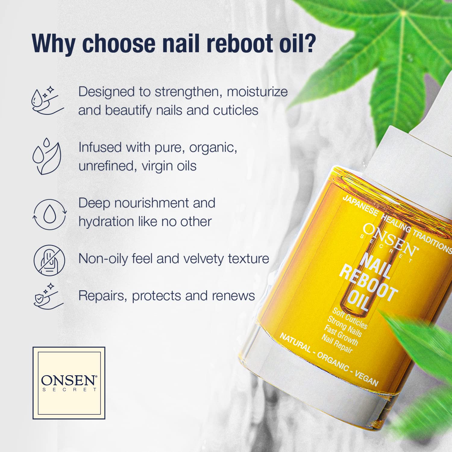 Onsen Secret Nail Reboot Duo Set - Natural Nail Treatment & Cuticle Repair Cream for Damaged Nails - 30ml Nail Strengthener Oil & Moisturizing Cuticle Conditioner - Visible Results for Healthy Nails - Perfect for Home Manicures & Nail Salon Care