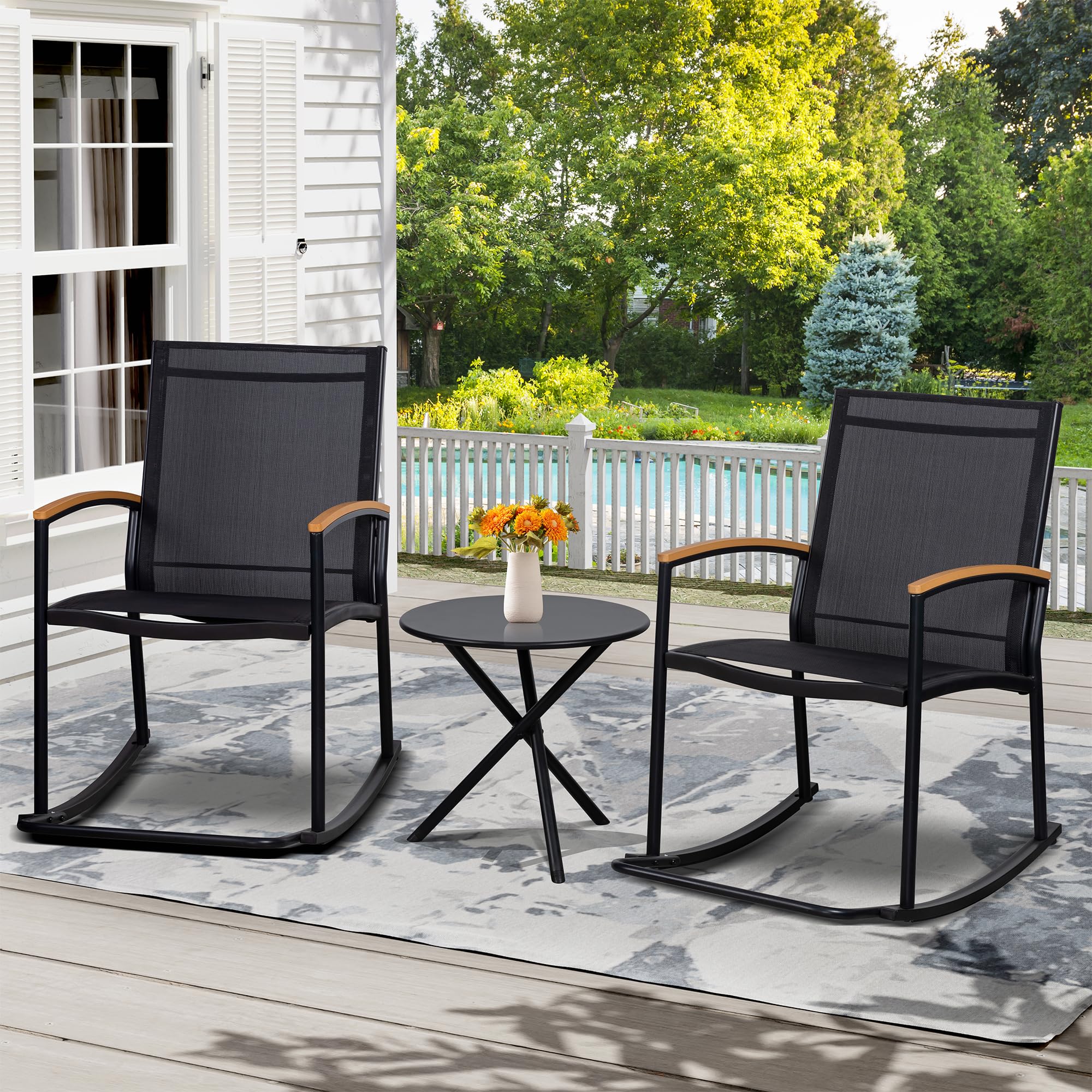 Shintenchi 3-Piece Outdoor Rocking Bistro Set - Textilene Fabric Patio Furniture with Table, 2 Rocking Chairs for Garden, Porch, Balcony, Poolside (Black) | Perfect for Relaxing, Entertaining & Outdoor Dining
