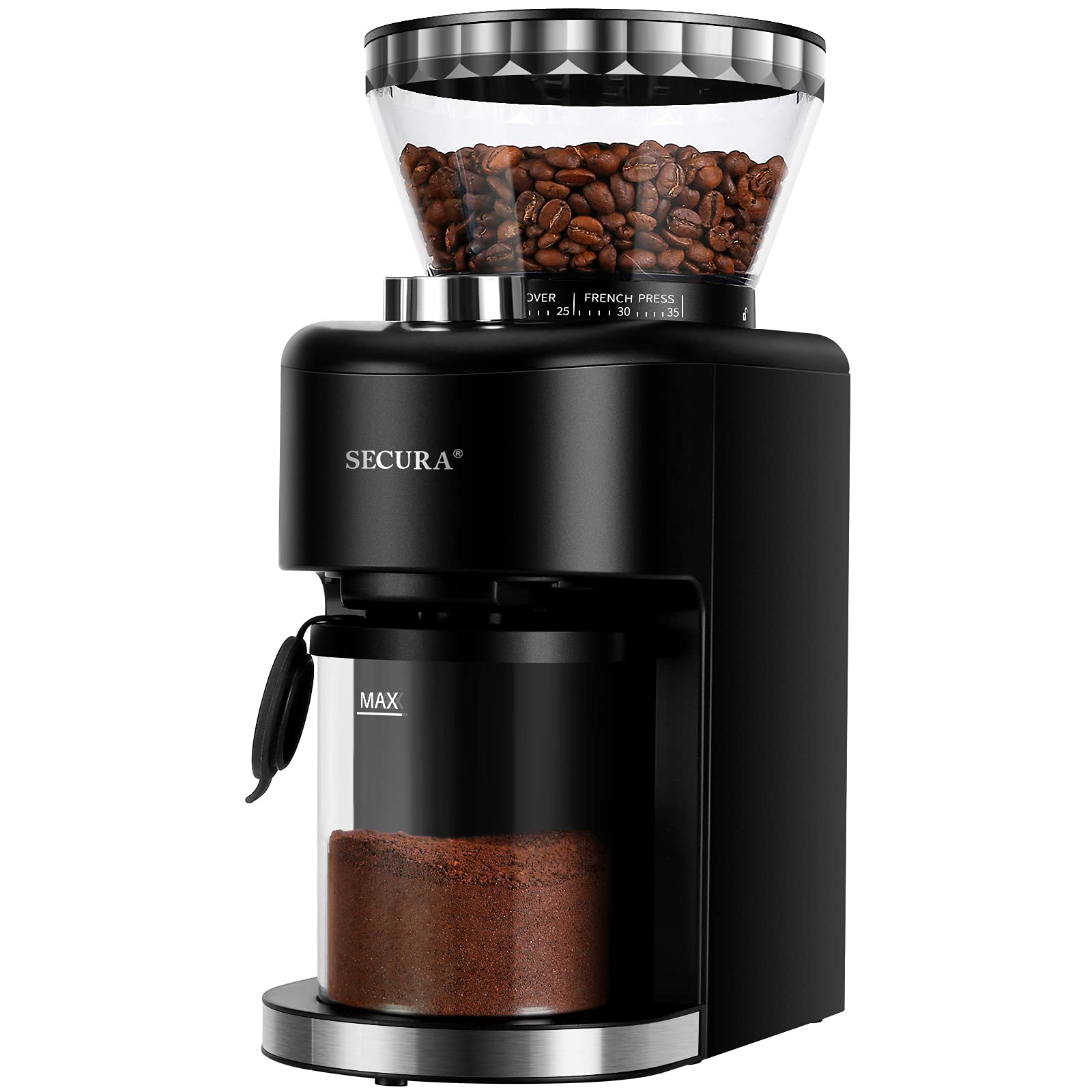 Secura Stainless Steel Conical Burr Coffee Grinder - 35 Precise Grind Settings for Espresso to French Press, 2-12 Cup Capacity with 8.8oz Bean Hopper, One-Touch Electric Operation - Perfect for Home Baristas & Coffee Enthusiasts