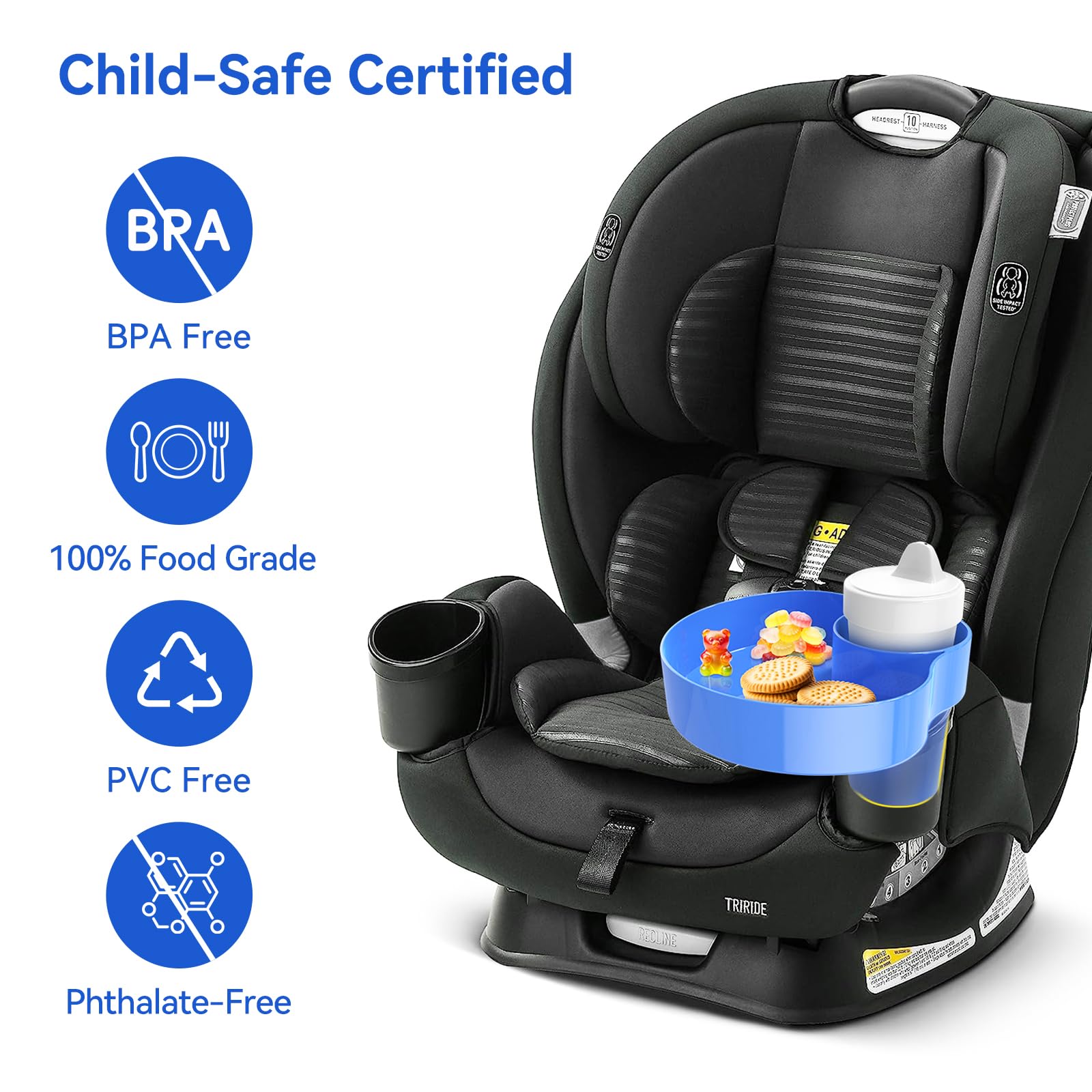 Portable Car Seat Snack Tray for Toddlers - Kids Travel Tray with Cup Holder & Food Containers | Stroller Snack Plate | Road Trip Essentials for Children (Blue) - Perfect for Long Car Rides, Airplane Travel & Stroller Outings