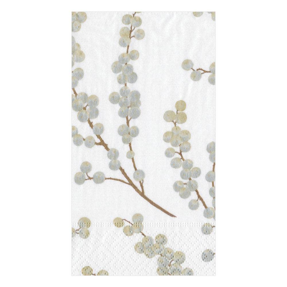 Premium Caspari Berry Branches Paper Guest Towels & Napkins - 2 Packs (15 Count Each) in Elegant White & Silver for Weddings, Parties & Upscale Events