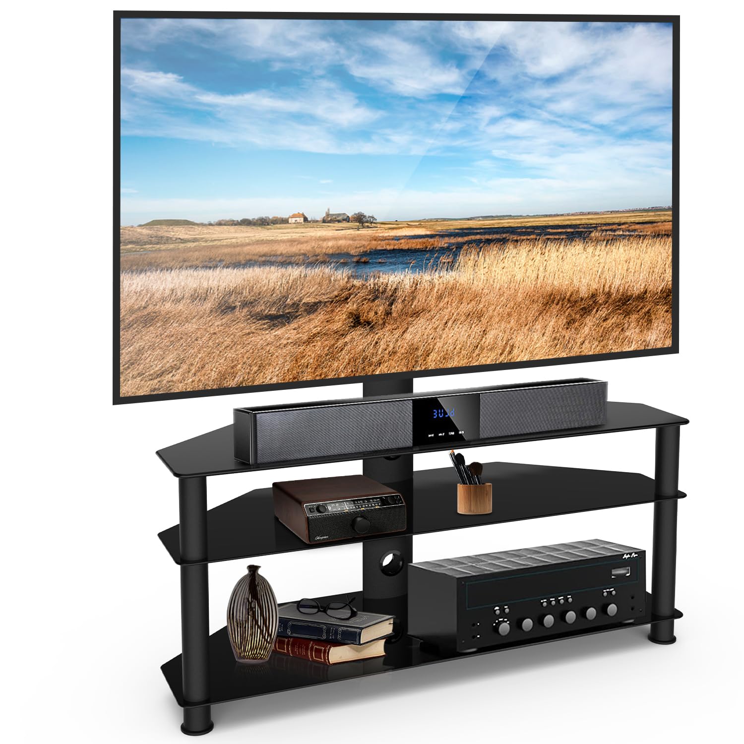 Swivel Floor TV Stand Mount with 3 Tier Tempered Glass Shelves - Height Adjustable Entertainment Center for 32-70 Inch TVs (Max VESA 600x400mm) - Perfect for Living Room, Bedroom, or Home Theater Setup