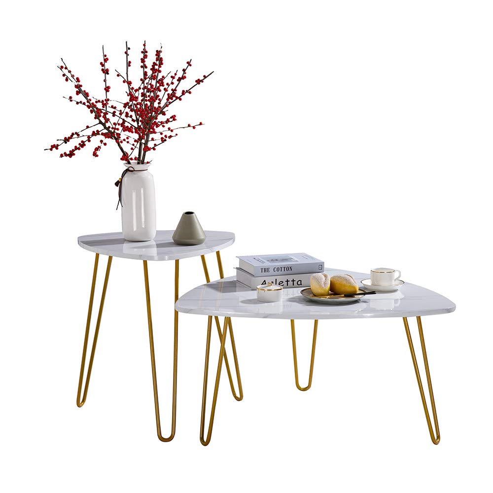 Modern Round Coffee Table with Faux Marble Top & Gold Metal Frame, 35.4 Inch, 2-Piece Set, Perfect for Living Room, Home Office, Bedroom, and Dining Room Decor