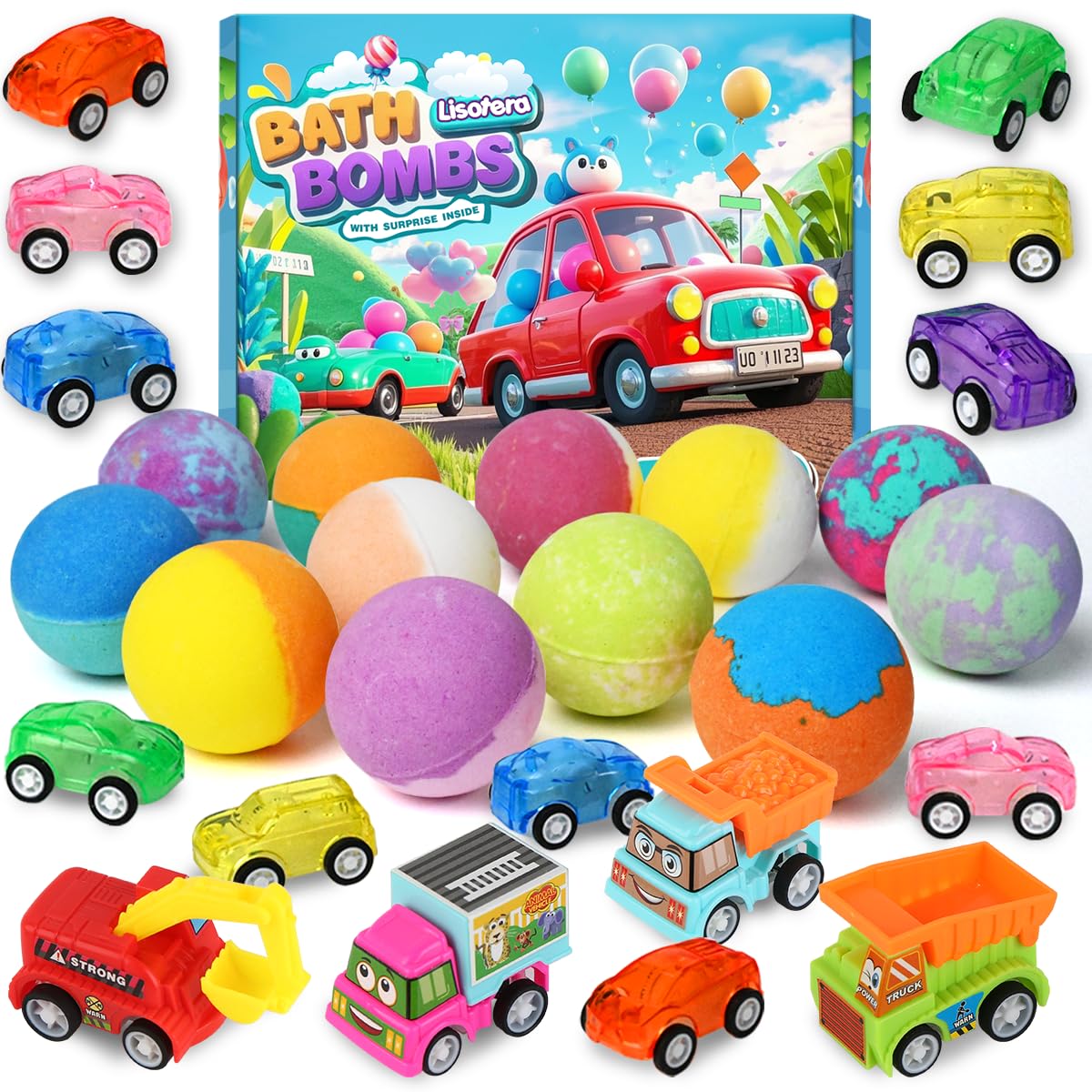 Organic Kids Bath Bombs with Surprise Pull-Back Cars - 9 Pack Colorful Bubble Bath Set with 3 Multifunctional Vehicles | Gentle & Safe for Boys & Girls | Perfect for Birthday Gifts, Sensory Play & Relaxing Bath Time
