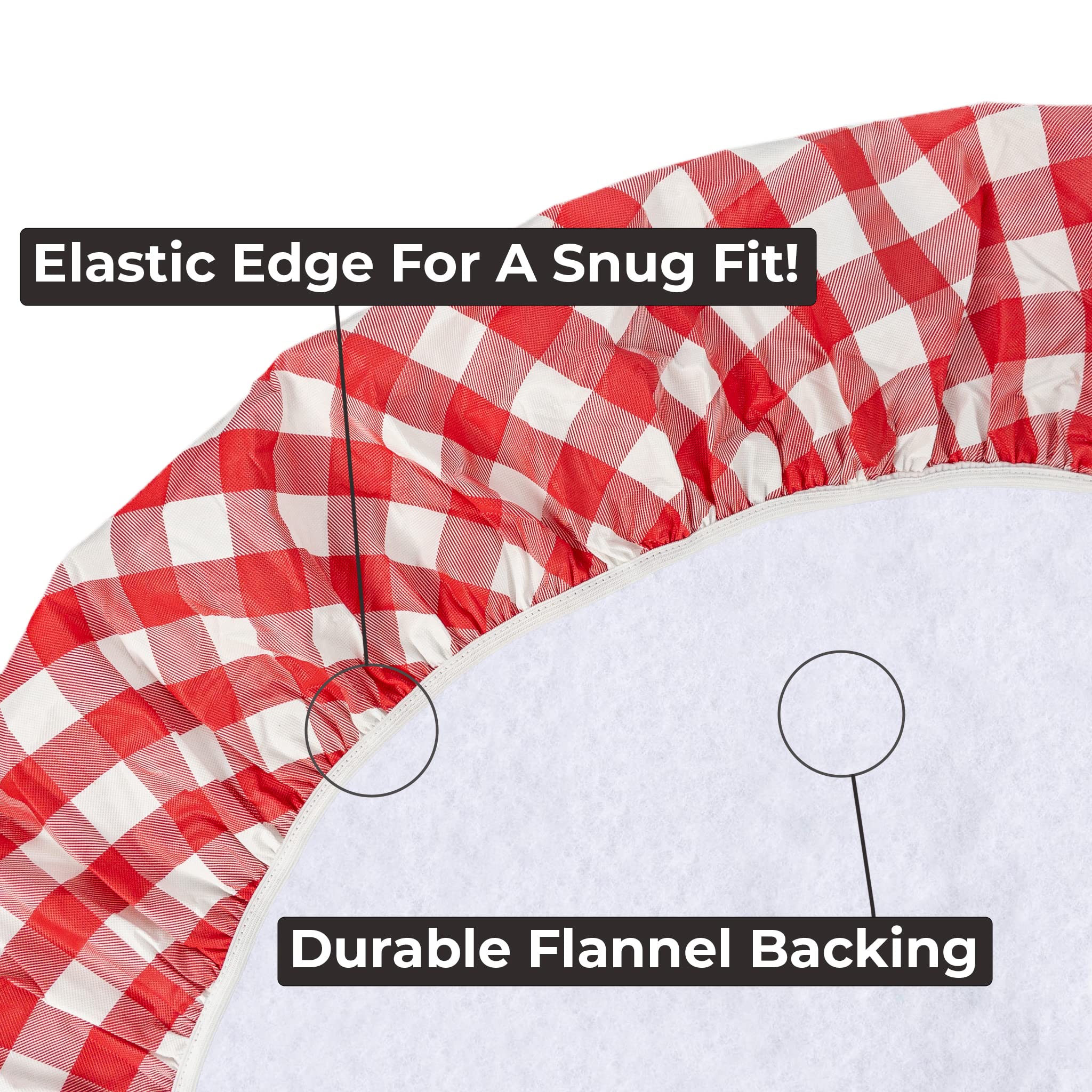 Round Elastic Vinyl Tablecloth with Flannel Backing - Waterproof, Wipeable Fitted Table Cover for Indoor & Outdoor Use (Red Checkered, Fits 46