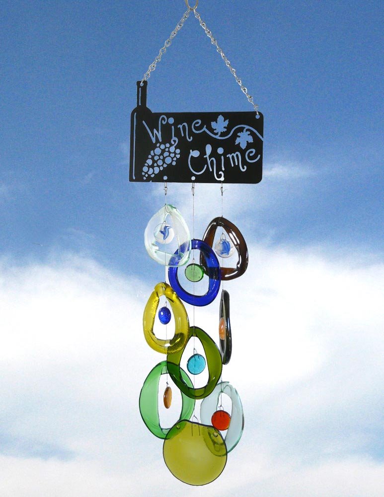 Eco-Friendly Wine Chime - Handcrafted Recycled Wine Bottle Glass Wind Chime for Outdoor Garden, Patio, and Home Decor