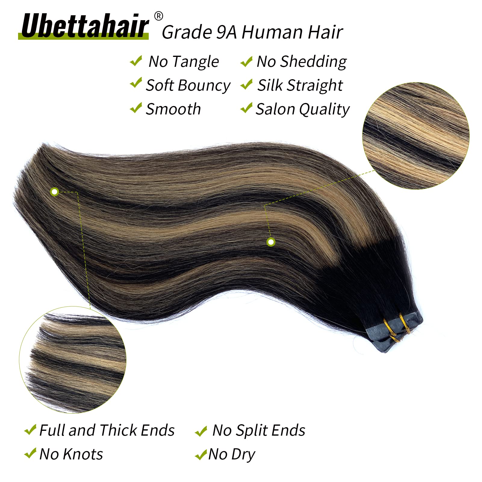 20pcs Tape in Hair Extensions Human Hair - Double Sided Invisible Real Hair Extensions, Ombre Black to Caramel Blonde Highlights, Remy Hair 20 Inch 50G Skin Weft - Perfect for Parties, Weddings & Daily Styling