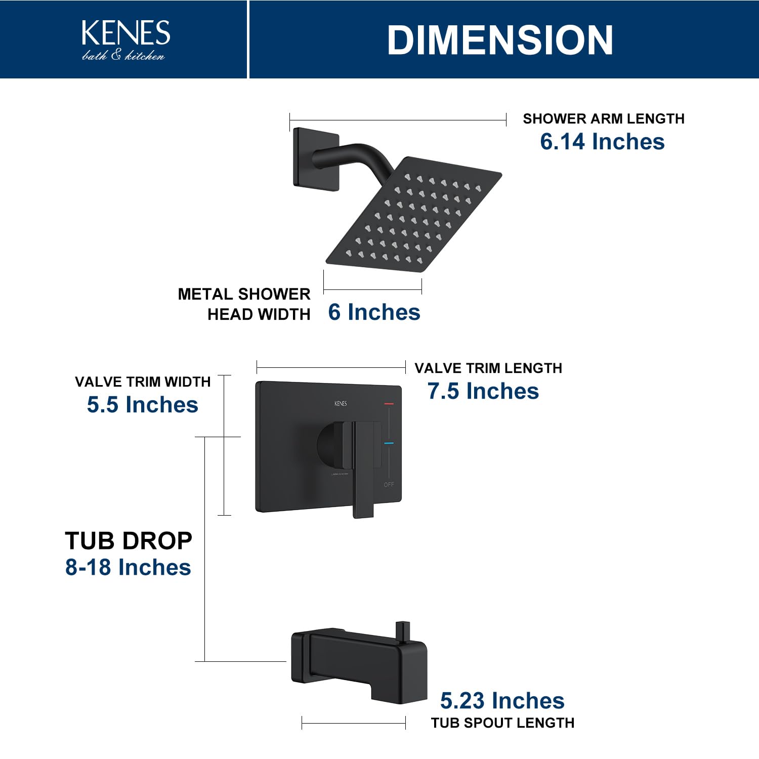 Kenes Modern Matte Black Shower Faucet Set - Single-Spray Square Stainless Steel Rain Shower Head with Tub & Shower Trim Kit (Valve Included) KE-6025A-2 - Perfect for Bathroom Renovation & Luxury Spa Experience