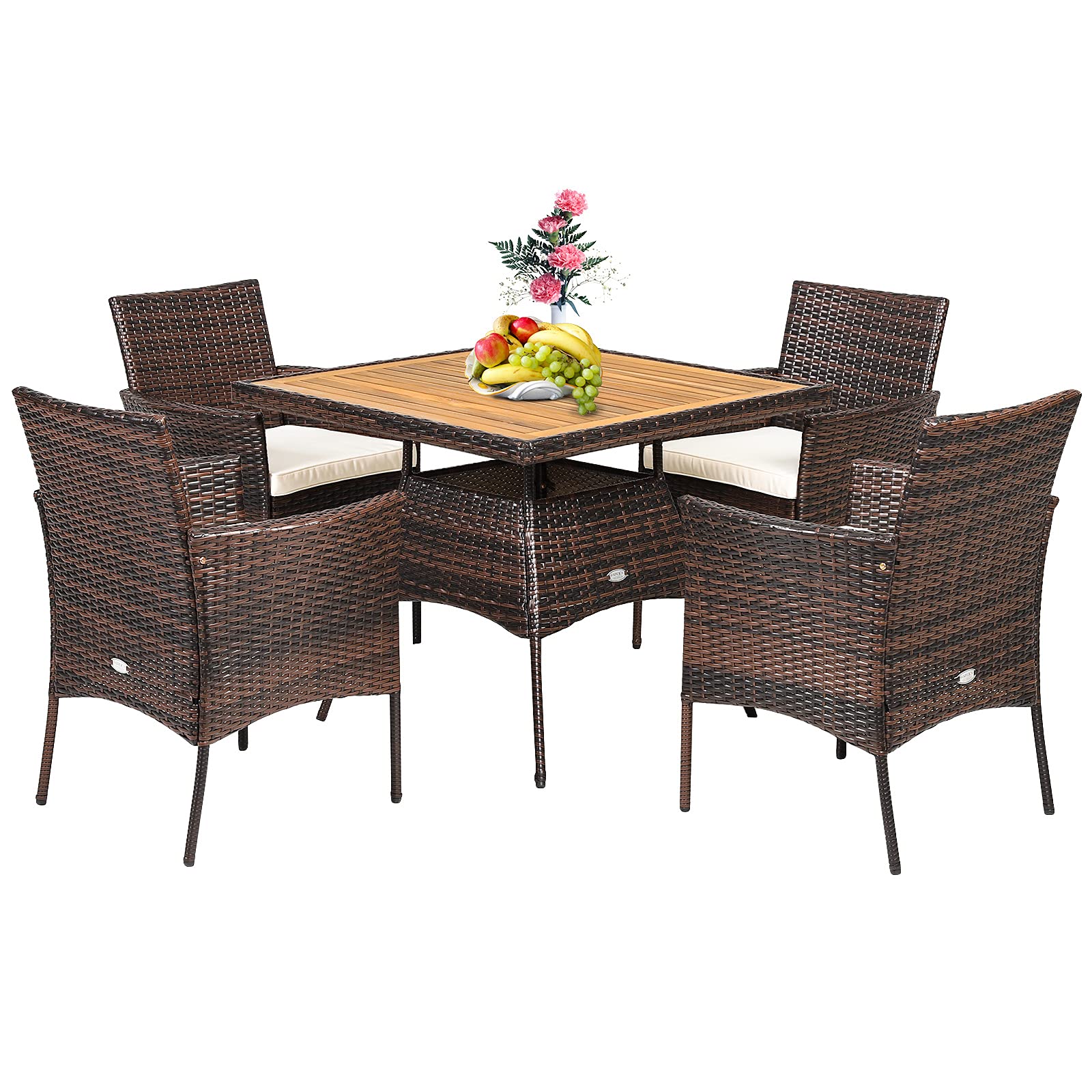 Tangkula 5-Piece Wicker Patio Dining Set - Acacia Wood Outdoor Furniture with 4 Arm Chairs & 1 Table, Rattan Conversation Set with Cushions & Umbrella Hole - Perfect for Backyard, Garden, Porch, Poolside & Outdoor Entertaining