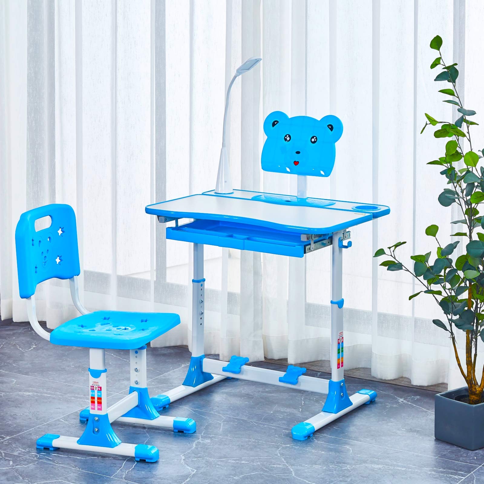 Adjustable Height Kids Desk and Chair Set - 80cm Blue Children's Study Table with Tilt Desktop, Footrest, LED Lamp, Bookstand, Metal Hook & Storage Drawer - Perfect for Homeschooling, Online Learning & Homework Station