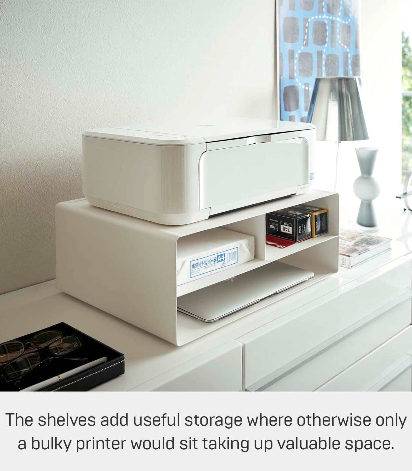 Yamazaki Home White Steel Desktop Printer Stand - Space Saving Office Organizer for Computer Accessories | Perfect for Home Office, Study Desk & Workspace Organization
