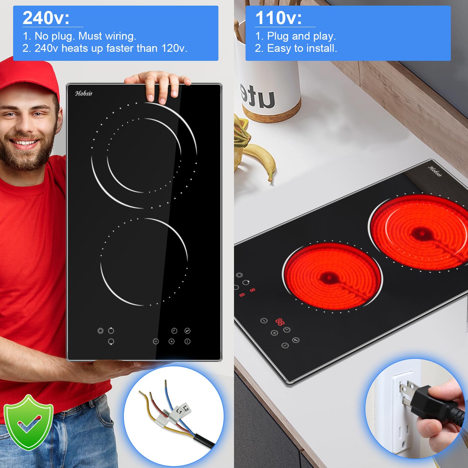 Hobsir 12-inch 2 Burner Electric Cooktop - 3200W Built-in Ceramic Stove with Touch Control, Timer & Safety Lock - 9 Power Levels, 220V-240V Hardwired (No Plug) - Perfect for Small Kitchens, Apartments & RVs