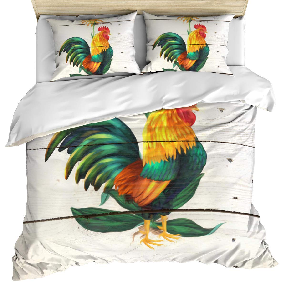 Luxury Farmhouse Cock Flower Duvet Cover Set Full Size - 3 Piece Bedding Set with Duvet Cover & Pillow Shams - Soft Rustic Cotton Wood Design for Cozy Bedroom Decor - Machine Washable - Perfect for Master Bedrooms, Guest Rooms & Farmhouse Style Homes