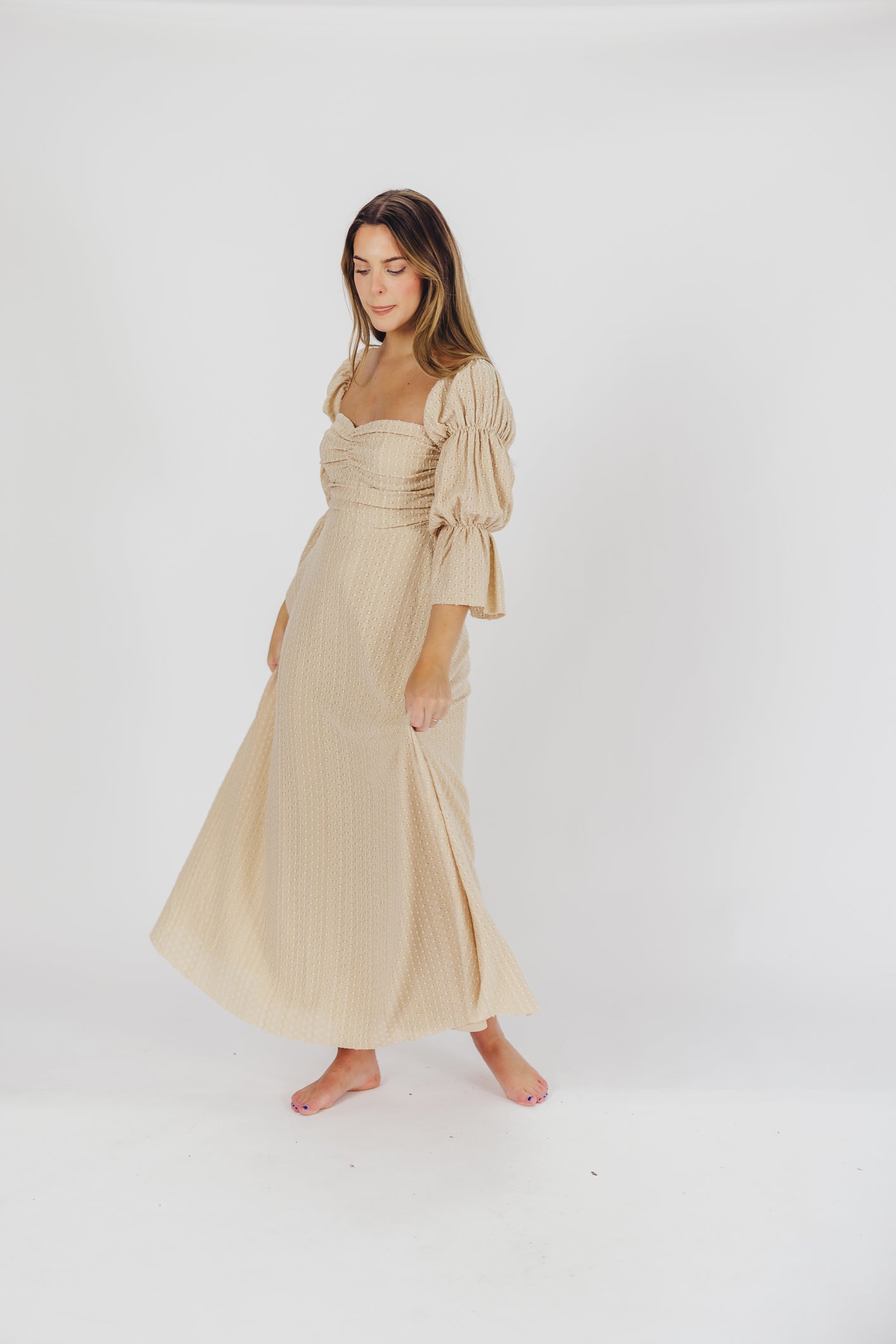 Corrine Tiered Sleeve Maxi Dress with Pockets - Bump Friendly Maternity Dress in Beige | Perfect for Pregnancy, Nursing, and Special Occasions
