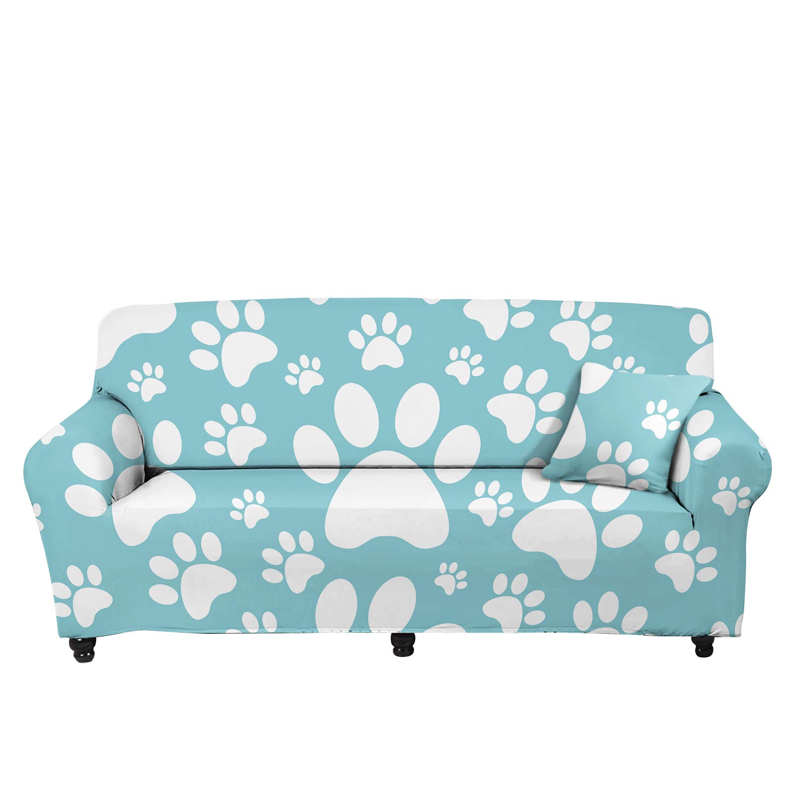 Stretch Sofa Slipcover - Non-Slip Dog Paw Print Couch Cover with Elastic Straps, All-Season Fitted Sofa Protector for Living Room Decor (Turquoise) - Perfect for Pet Owners & Stylish Home Makeovers
