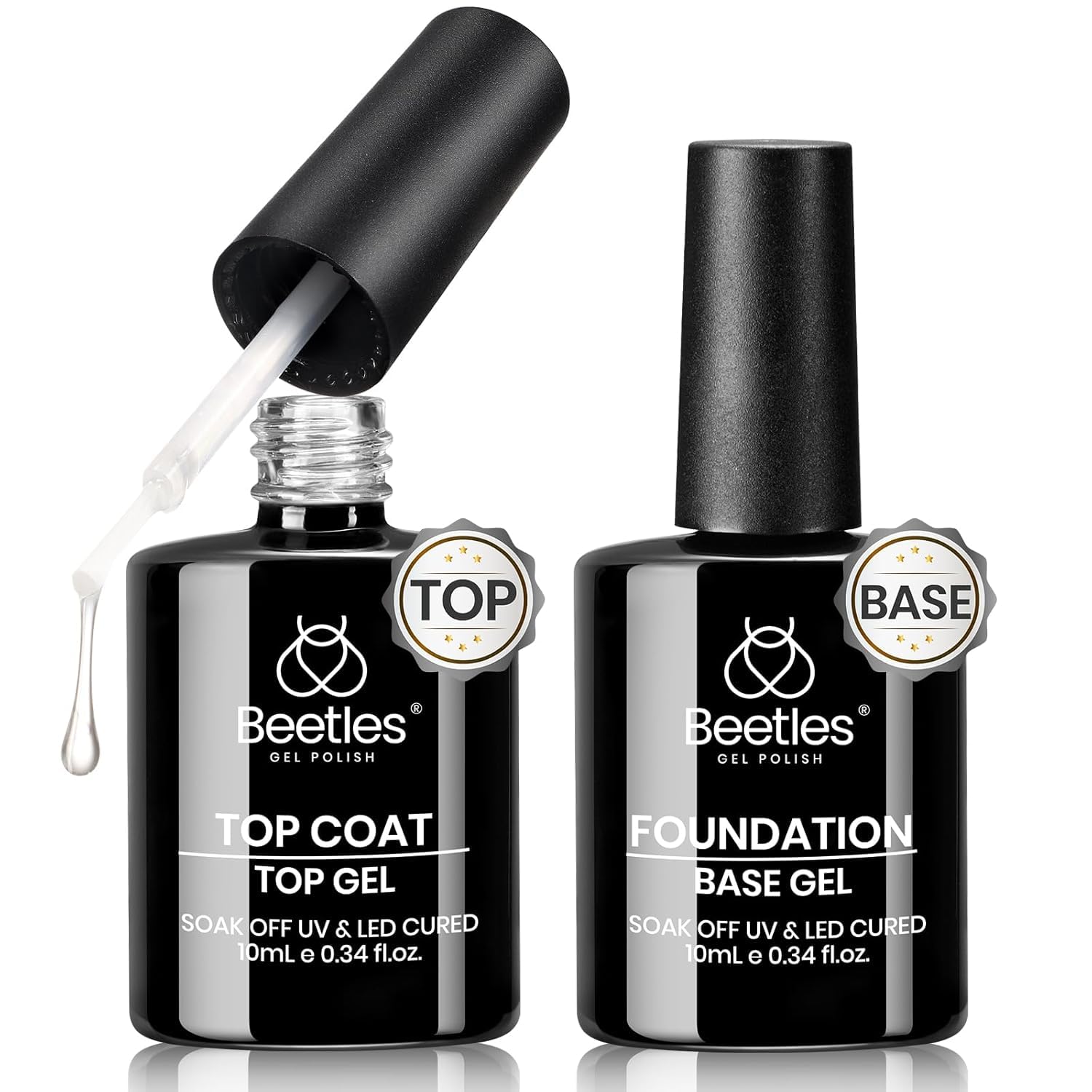 Beetles 2Pcs 10ml No Wipe Gel Base and Top Coat Set - Long Lasting Shine Finish, Soak Off LED/UV Lamp Compatible - Professional Clear Nail Polish for Gel Nail Art, DIY Manicure at Home - Perfect Gift for Women & Nail Enthusiasts