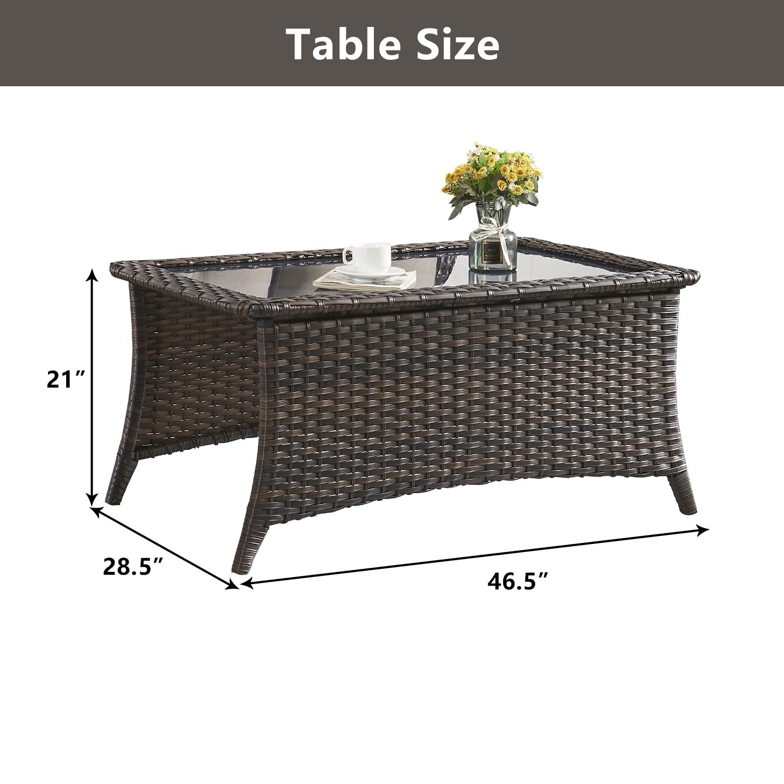 Outdoor Coffee Table with Tempered Glass Top - Brown Rectangular Wicker Patio Table, Handwoven Rattan Furniture for Porch, Deck, Backyard | Perfect for Outdoor Lounging, Garden Parties & Poolside Relaxation