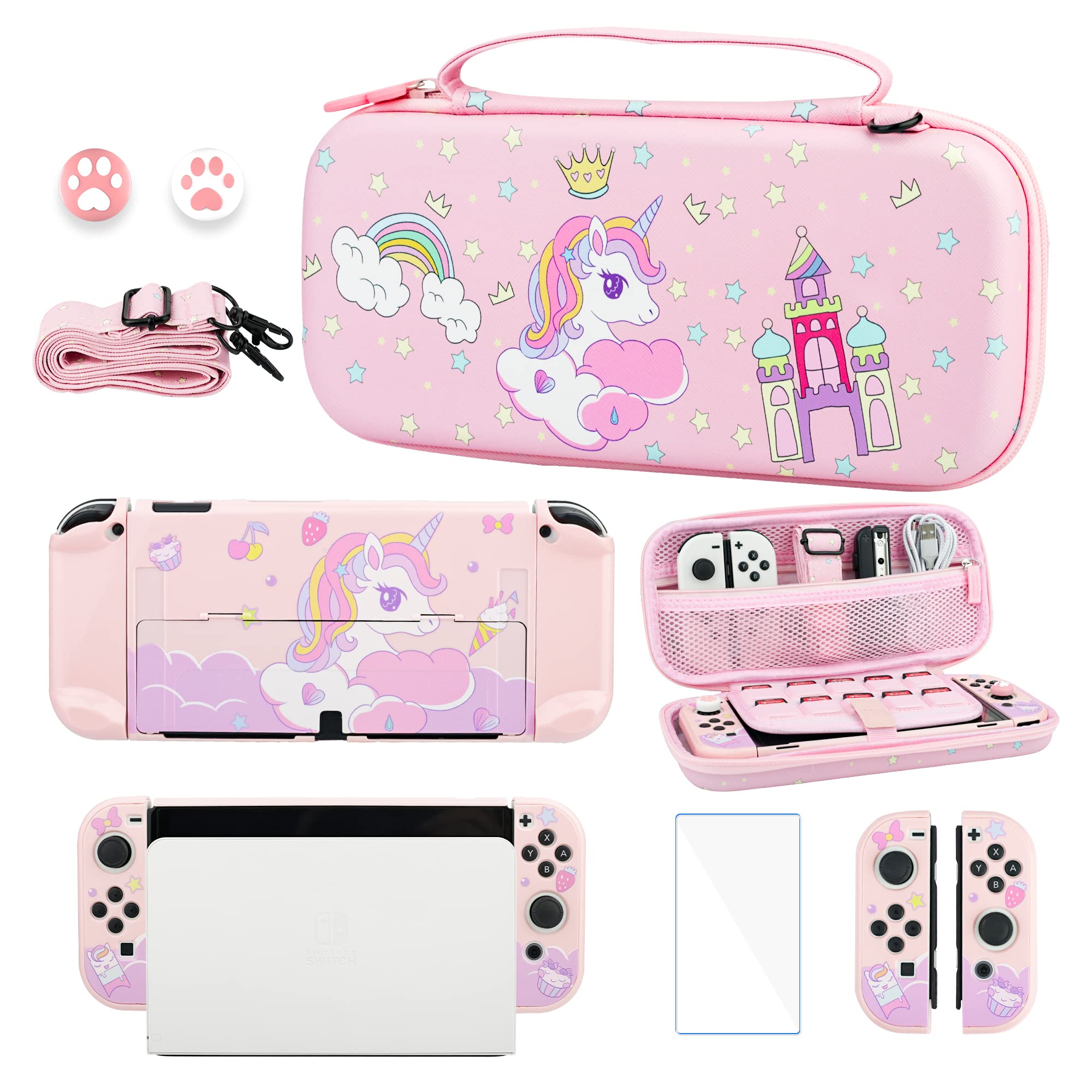 GLDRAM Nintendo Switch OLED Carrying Case - Pink Anime Design with Hard PC Shell, Screen Protector, Thumb Grips & Shoulder Strap | Travel Protection Bundle for Girls | Perfect for Gaming On-The-Go, Commuting & Travel Accessories