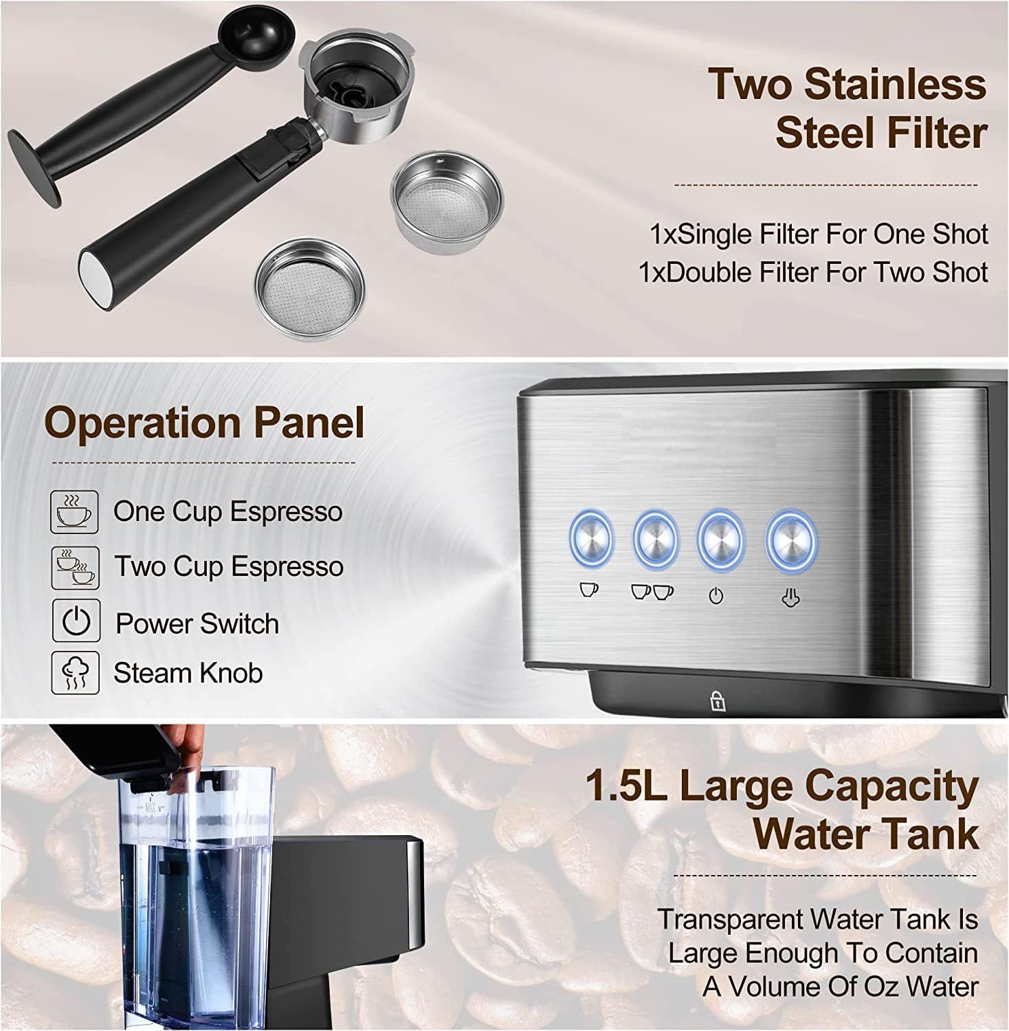 Premium 20 Bar Semi-Automatic Espresso Coffee Maker with Milk Frother Steam Wand - Perfect for Cappuccino, Latte & Espresso at Home - Large 50oz Removable Water Tank - Ideal for Kitchen, Office & Coffee Shop Use
