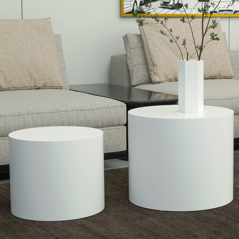 Kevinplus Modern White Coffee Table Set of 2 - Round Nesting Side Tables for Living Room, Bedroom & Office - Space Saving Small Circle End Tables (Matte White) - Perfect for Compact Spaces, Apartment Decor & Coffee Table Styling