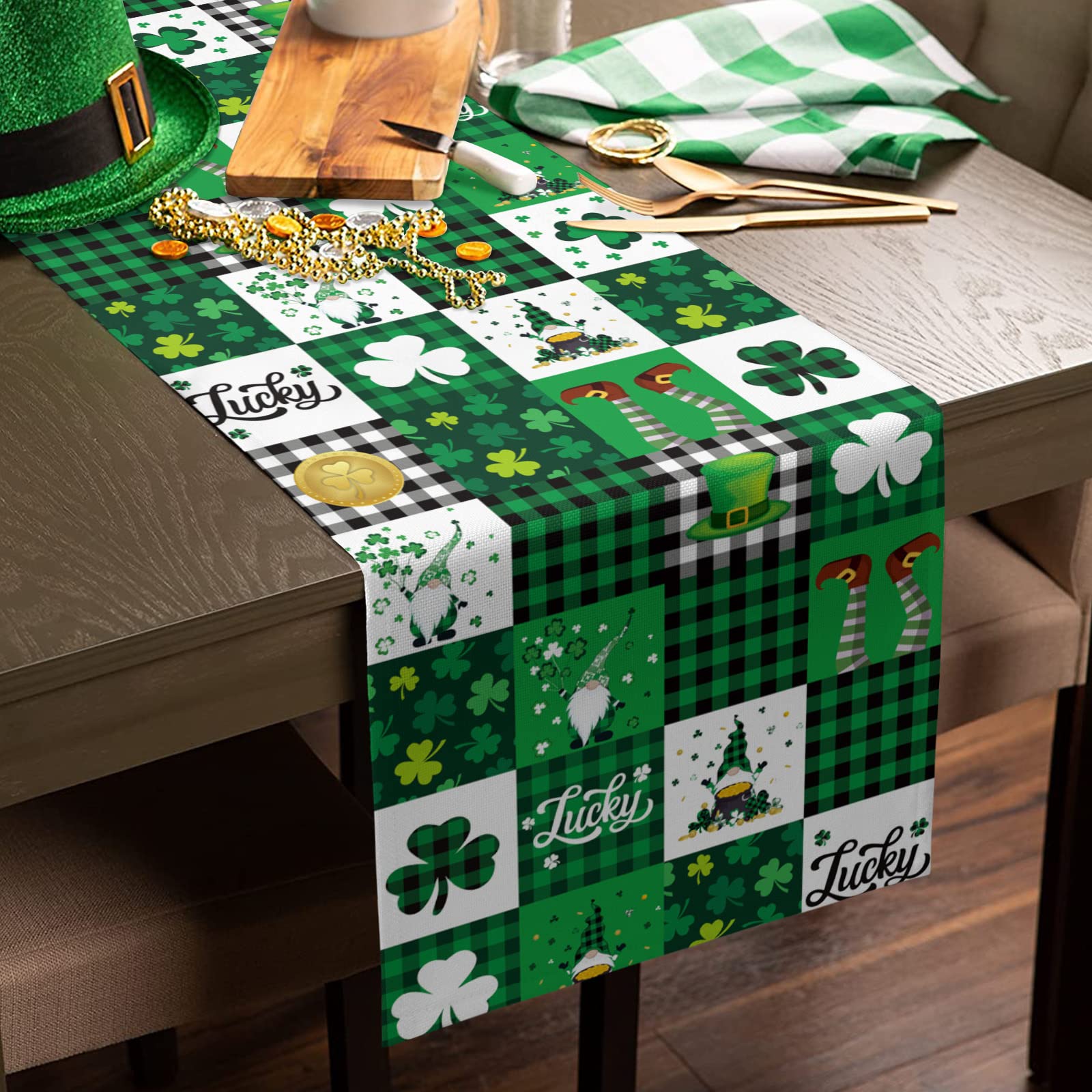 St. Patrick's Day Lucky Clover Table Runner - 72 Inch Irish Green Plaid Cotton Linen Tablecloth for Parties, Weddings & Home Decor | Perfect for Dining Tables, Coffee Tables & Dressers