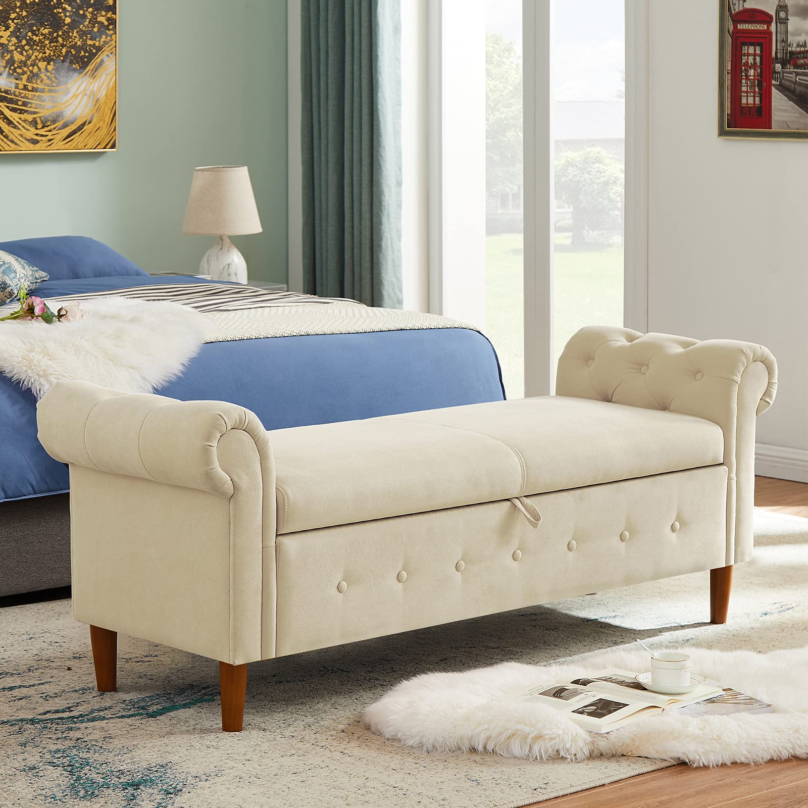 Modern Rolled Arm Storage Ottoman Bench with Linen Fabric - Multifunctional Rectangular Sofa Stool for Living Room, Bedroom, Entryway & Hallway - Perfect for Extra Seating, Footrest & Hidden Storage (Beige)