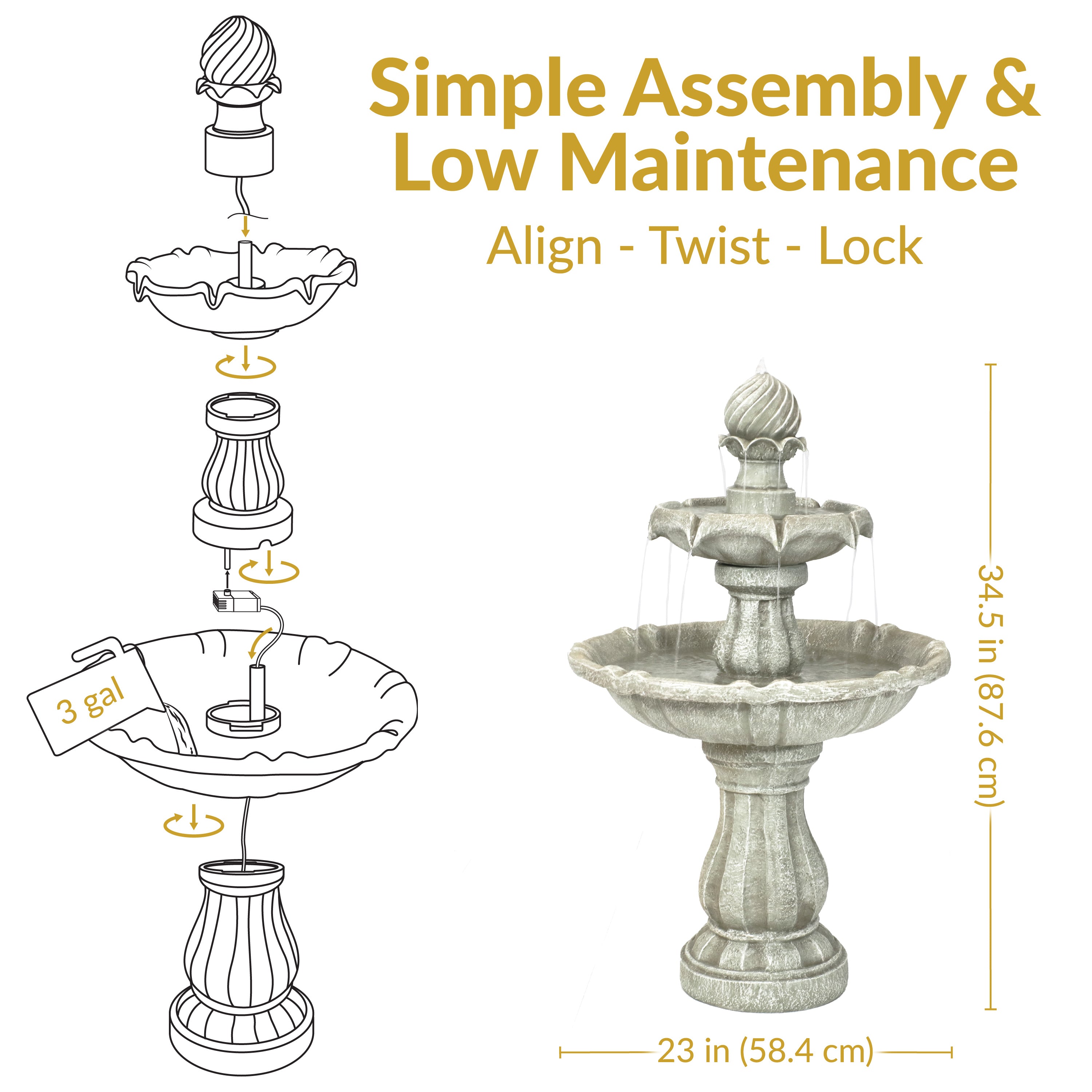 Sunnydaze 2 Tier Solar Outdoor Water Fountain with Battery Backup - Garden Decor, Patio, Yard, and Backyard Water Feature for Relaxation & Bird Attraction