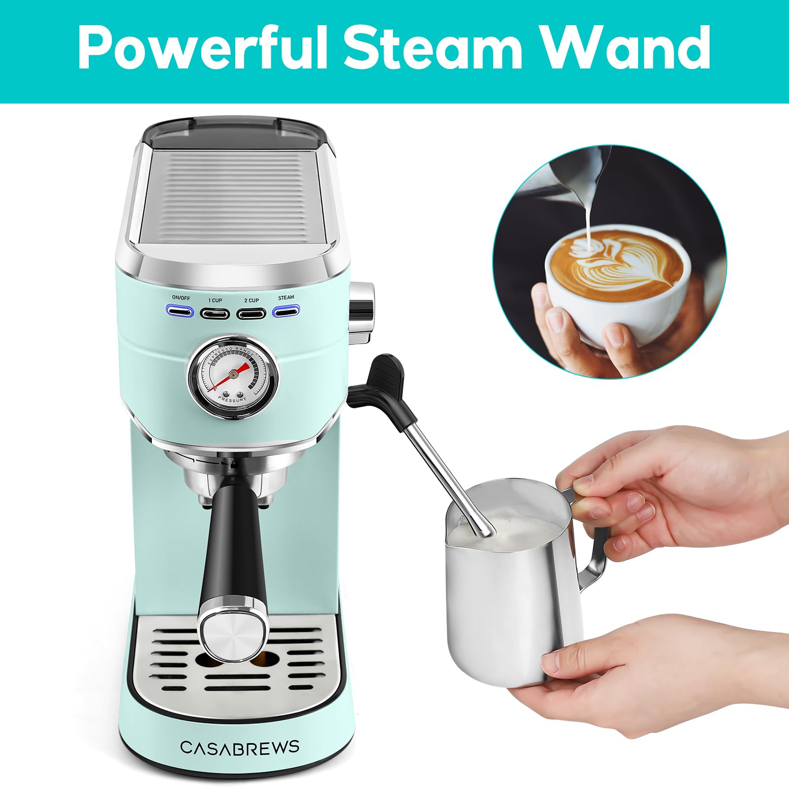 CASABREWS 20 Bar Espresso Machine with Milk Frother - Stainless Steel Home Coffee Maker, 34oz Removable Water Tank, Pastel Green - Perfect for Lattes, Cappuccinos & Home Baristas