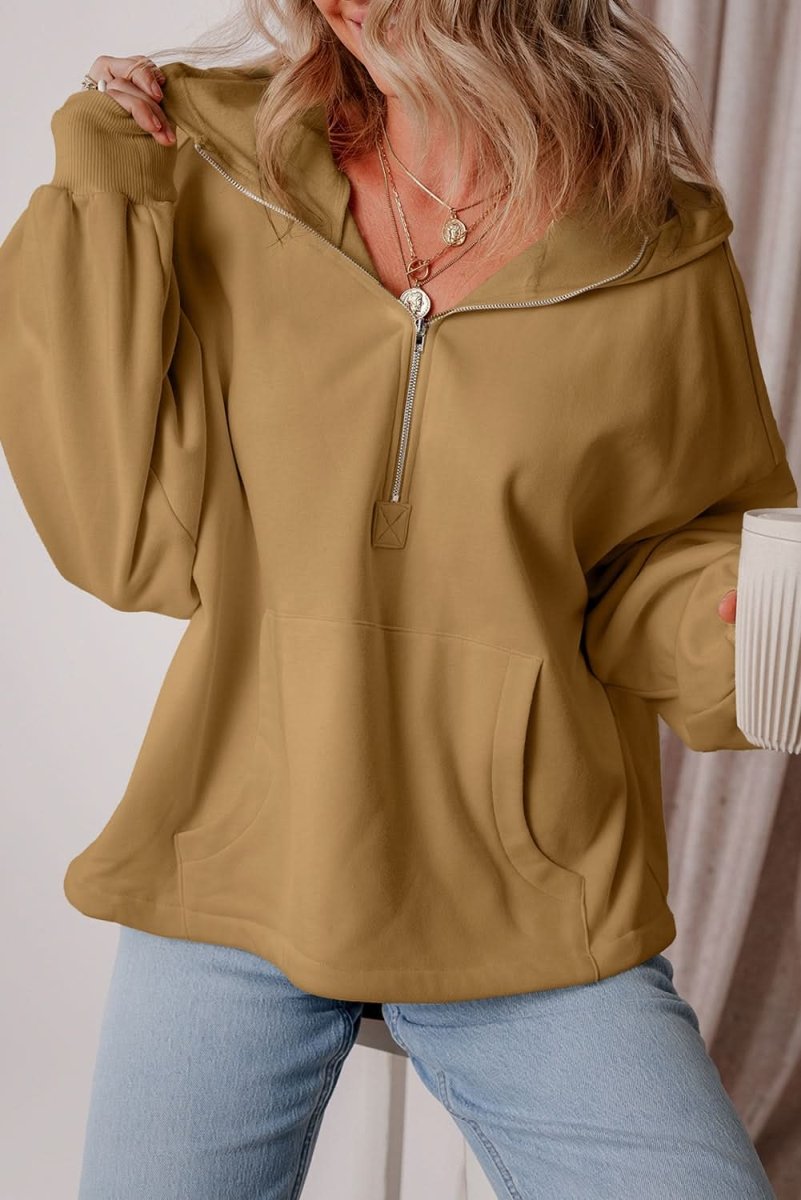 Brown Fleece Lined Half Zip Hoodie with Kangaroo Pockets - Cozy Loose Fit for Men & Women - Perfect for Outdoor Activities, Casual Wear and Winter Layering