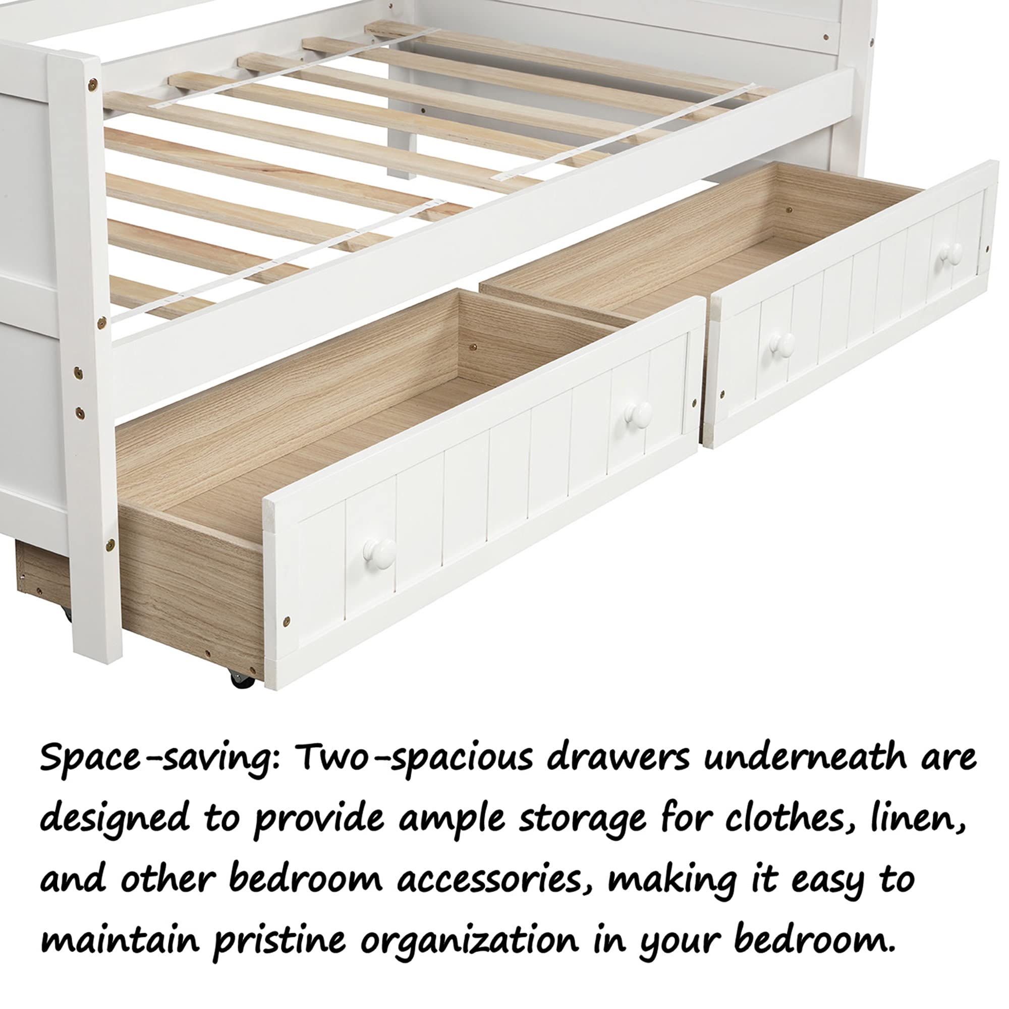 P PURLOVE Twin Daybed with 2 Drawers - Solid Wood Sofa Bed Frame for Bedroom & Living Room - No Box Spring Needed - White - Perfect for Guest Rooms, Small Spaces & Multi-Functional Furniture Needs