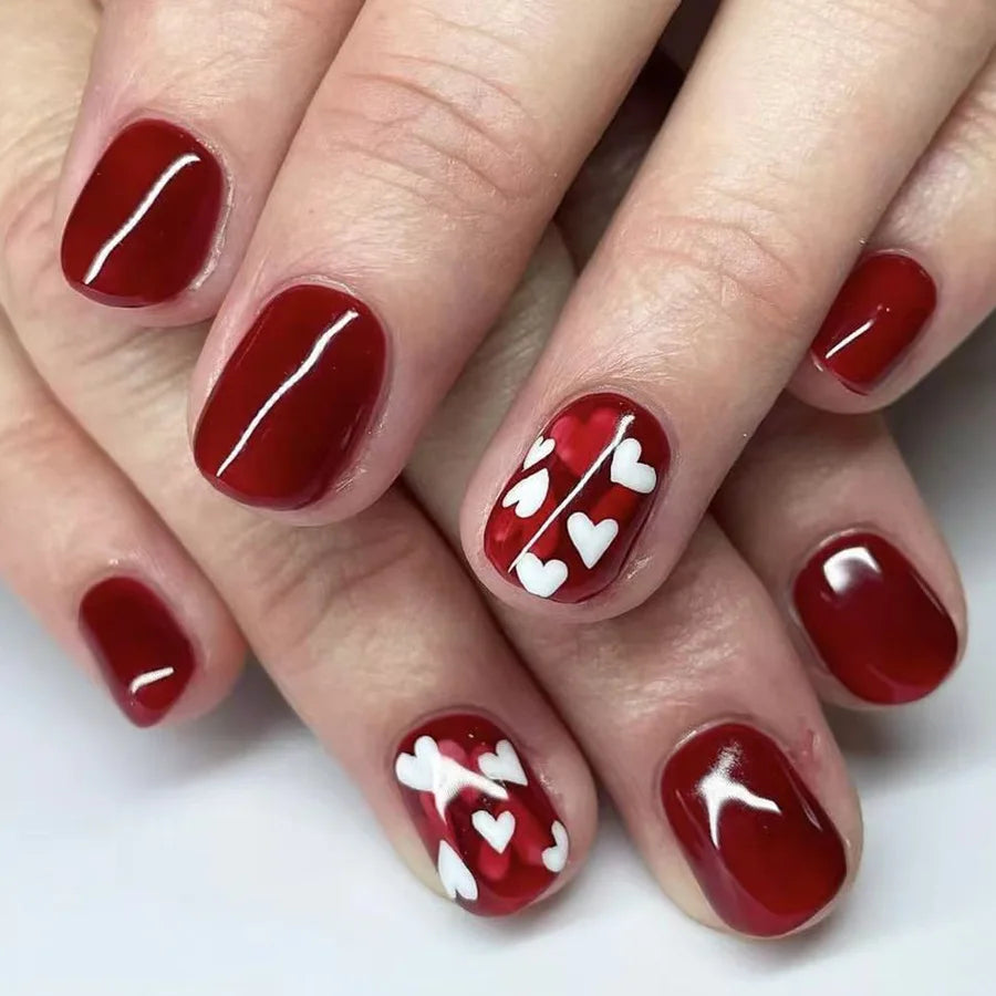 24Pc Square French Fake Nails with Heart Love Designs - Glossy White & Pink Press on Nails | Full Cover False Nails for Valentine's Day | Perfect for Parties, Weddings & Special Occasions